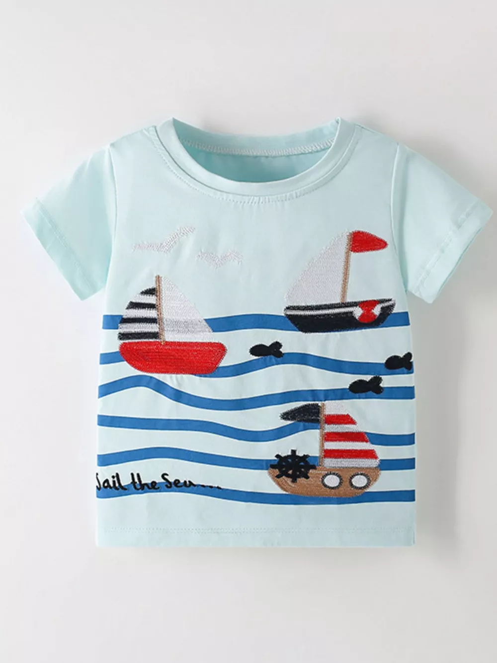 Children's Sailboat Embroidered Short Sleeve T-Shirt