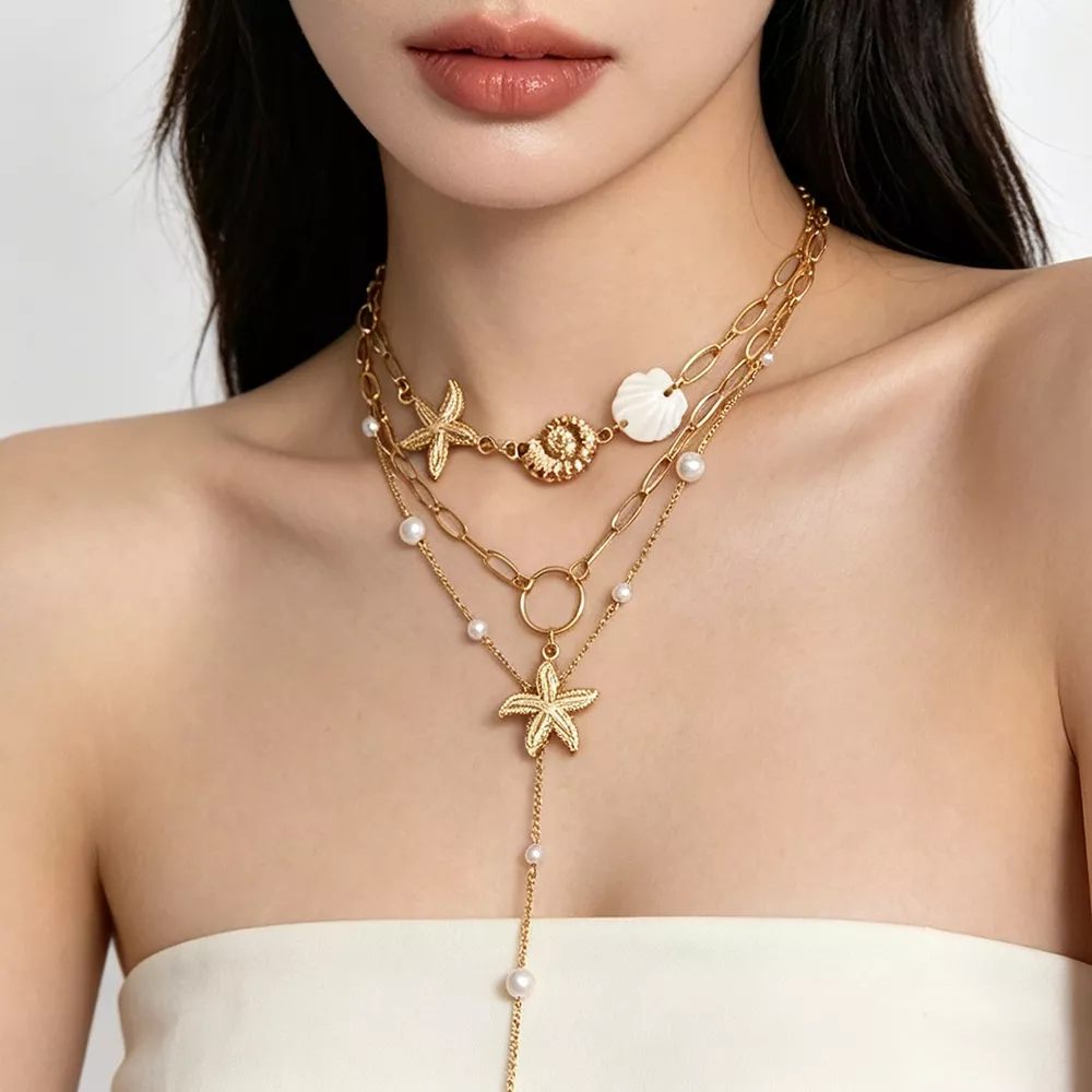 3-Piece Bohemian Layered Starfish and Shell Necklace, image 4