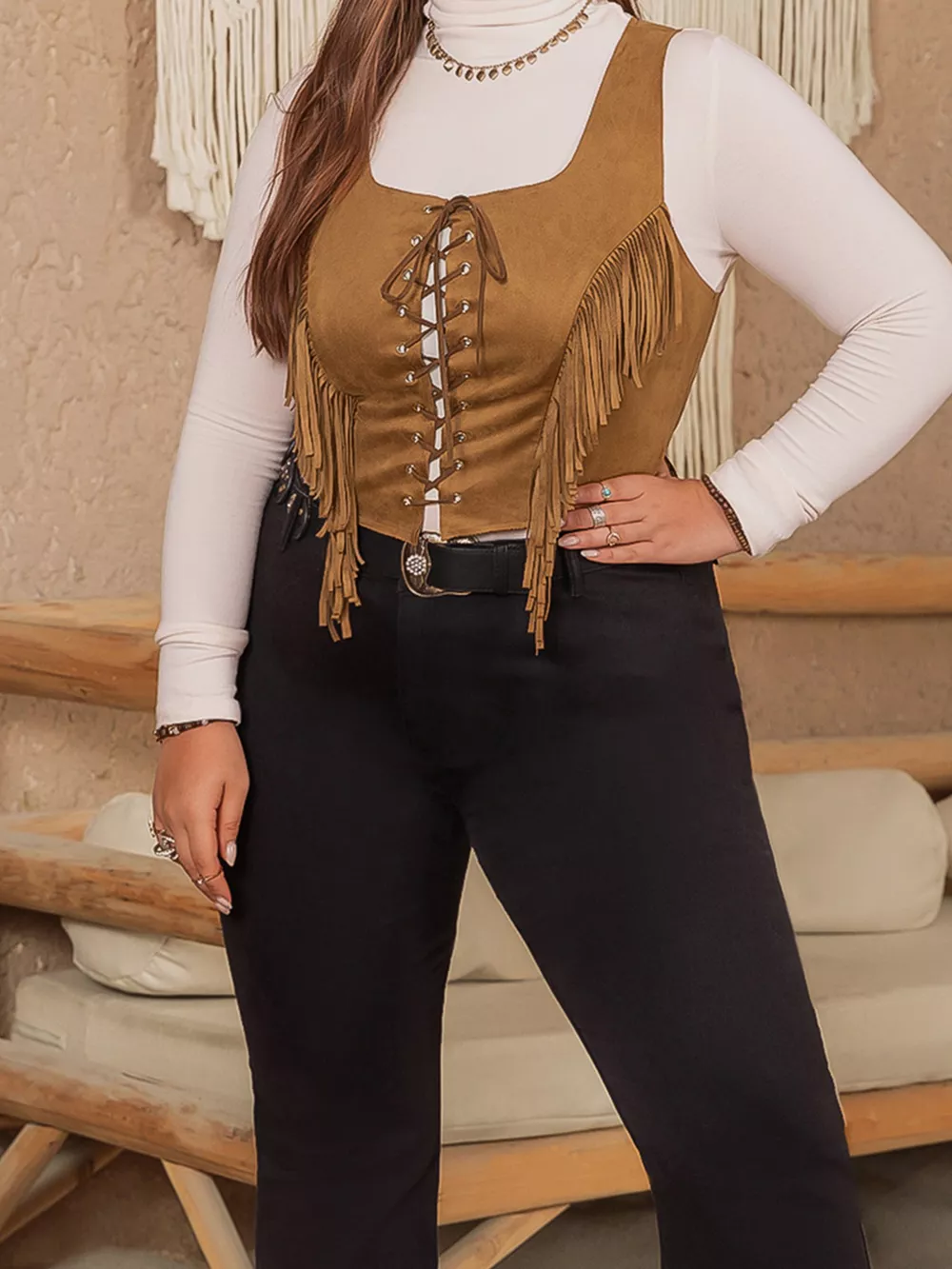 Plus Size Fringed Lace-Up Suede Vest, image 4