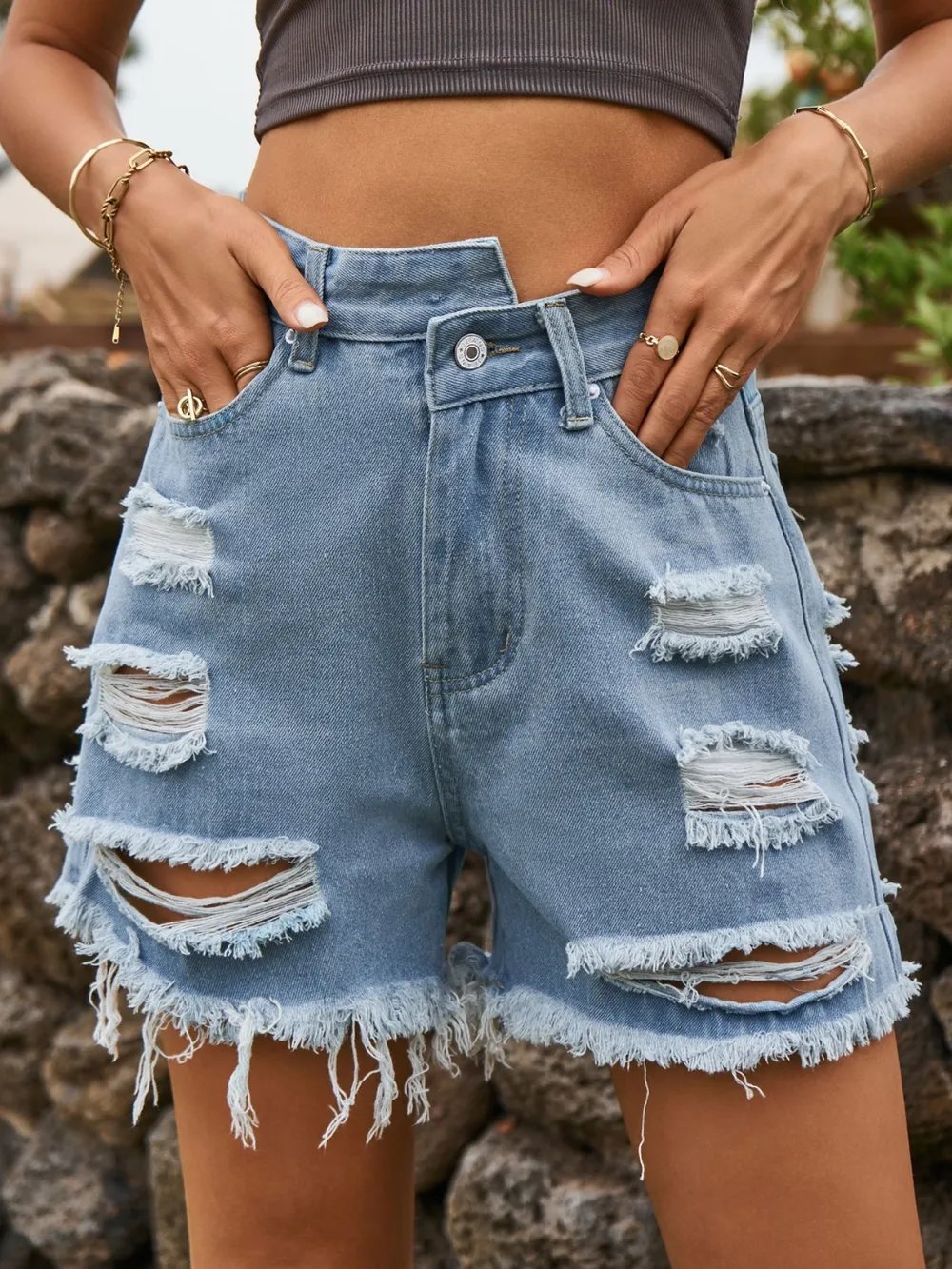 Distressed Raw Hem Denim Shorts, image 5
