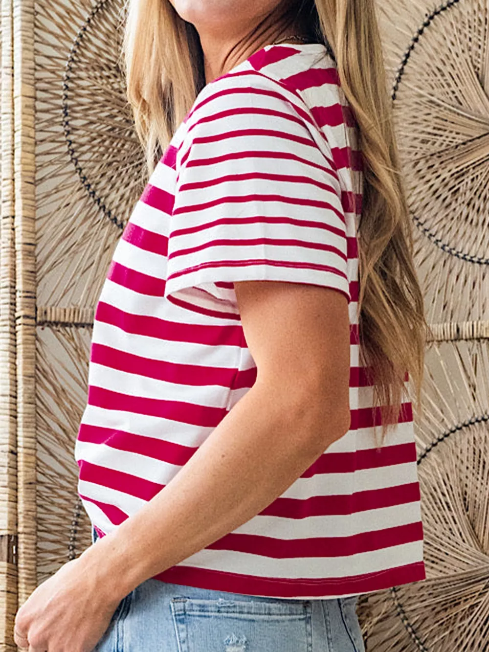 Stripe Patchwork Round Neck T Shirt, image 2