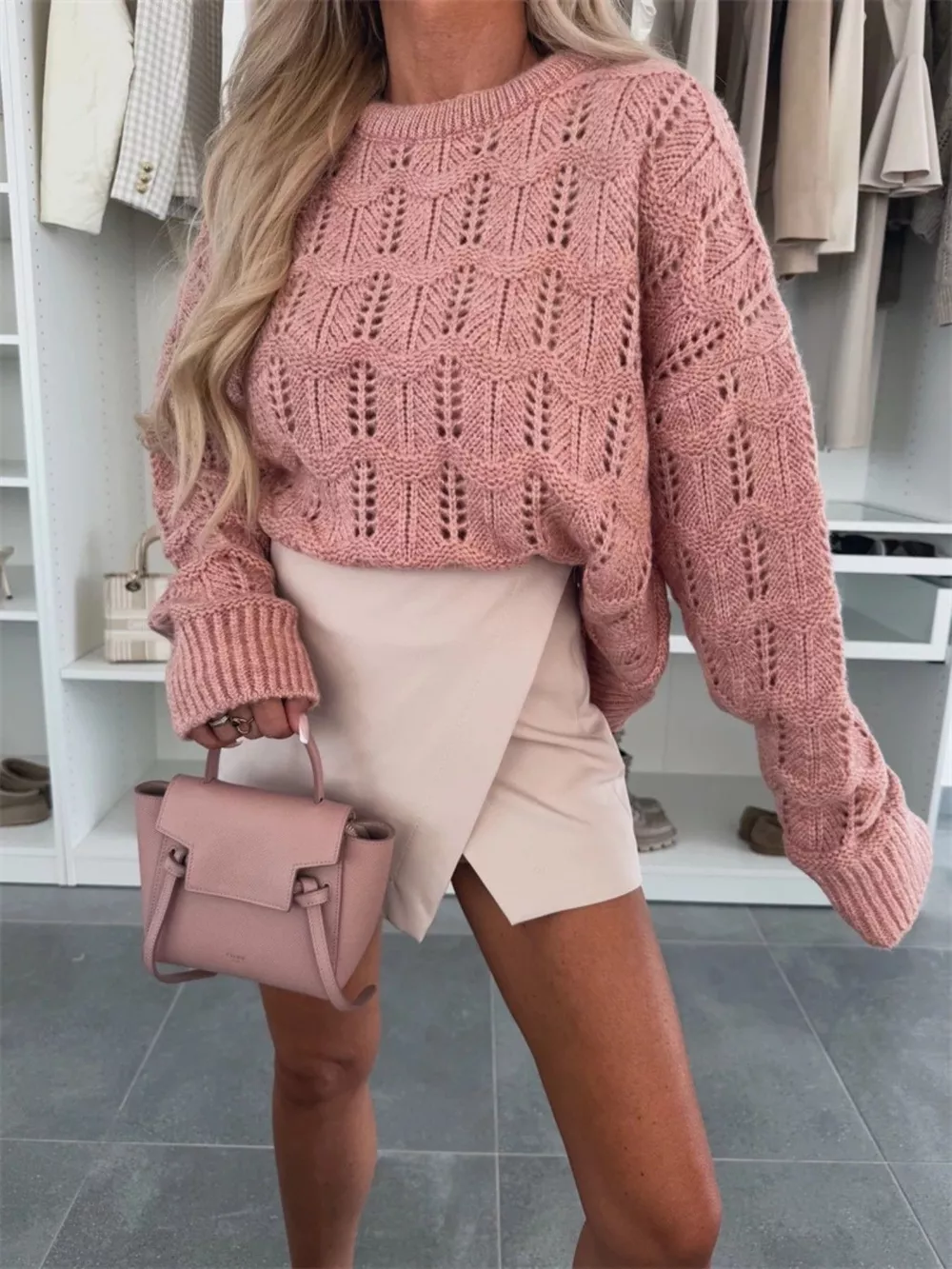 Openwork Round Neck Sweater, image 4