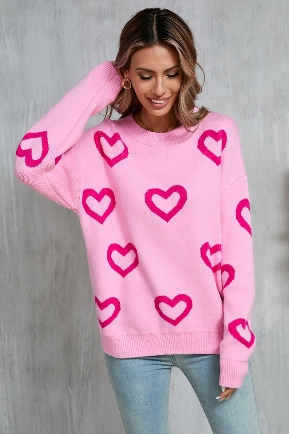 Heart Round Neck Dropped Shoulder Long Sleeve Sweater, image 6