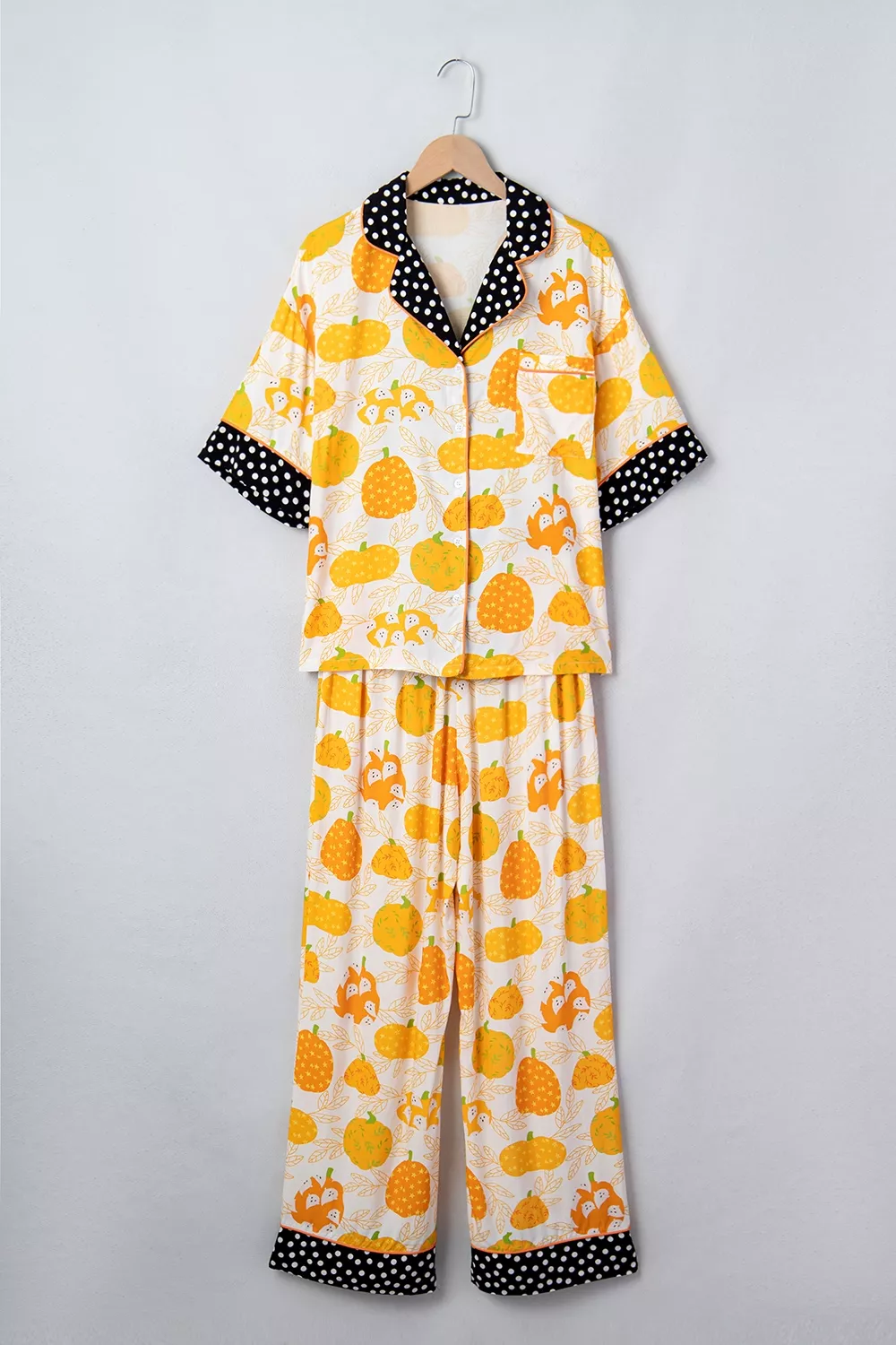 Short Sleeve Pumpkin Print Polka Dot Trim Pocket Placket Lounge Set, image 6
