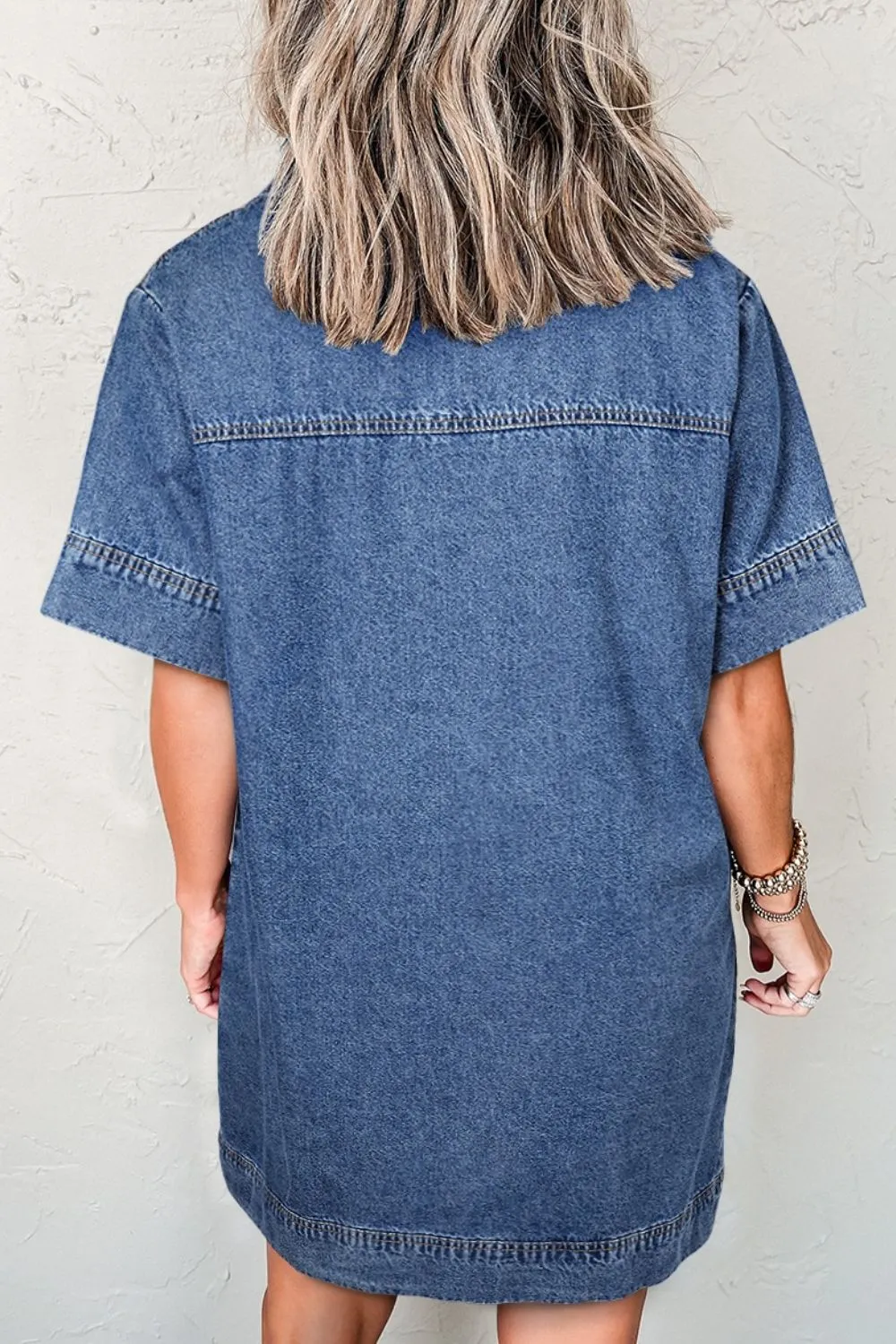 Short Sleeve Collared Patched Pocket Denim Mini Dress, image 8