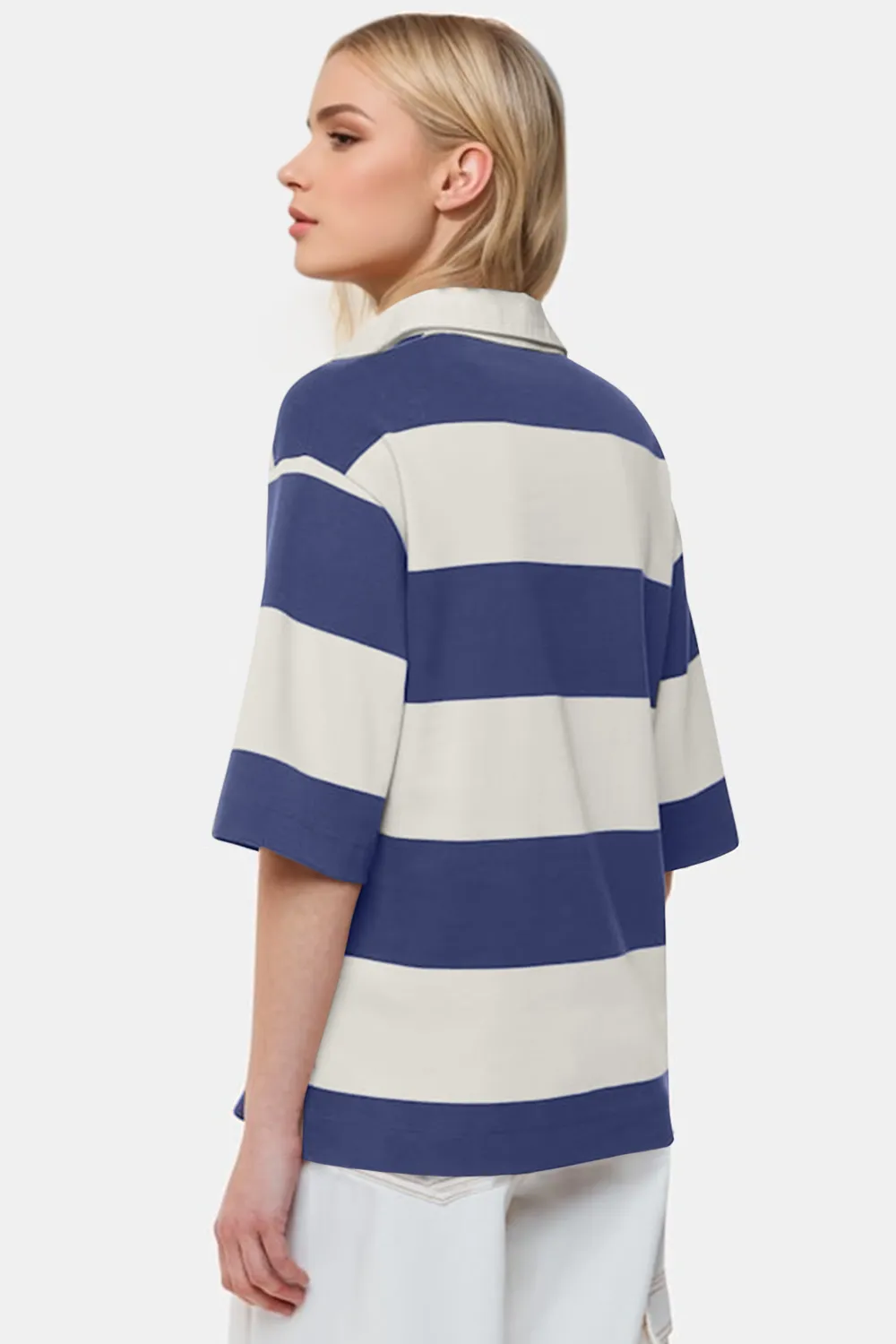 Pima Cotton Wash Color Block Jnny Collar Half Sleeve Top, image 4