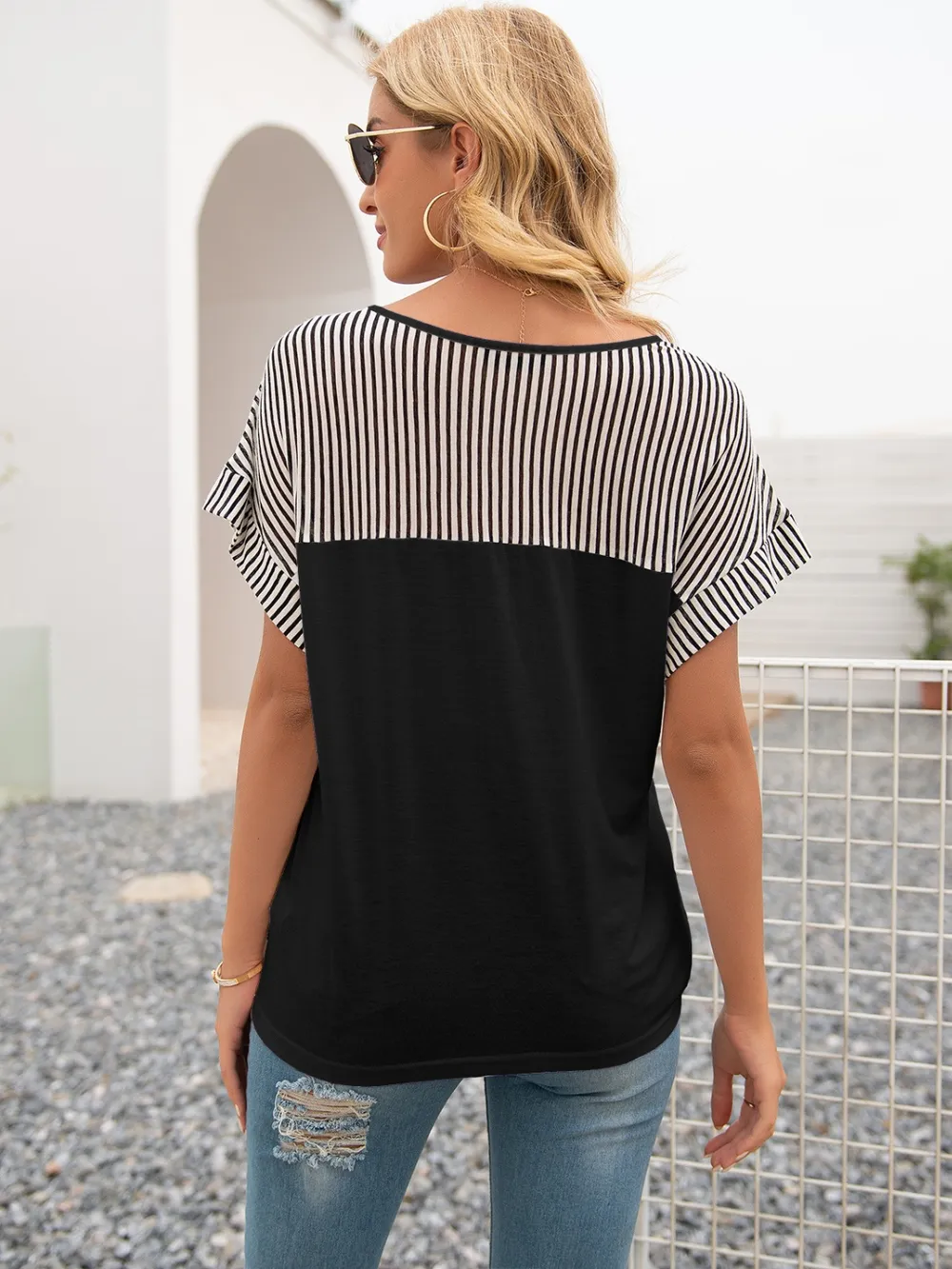 Striped V-Neck Short Sleeve T-Shirt, image 4