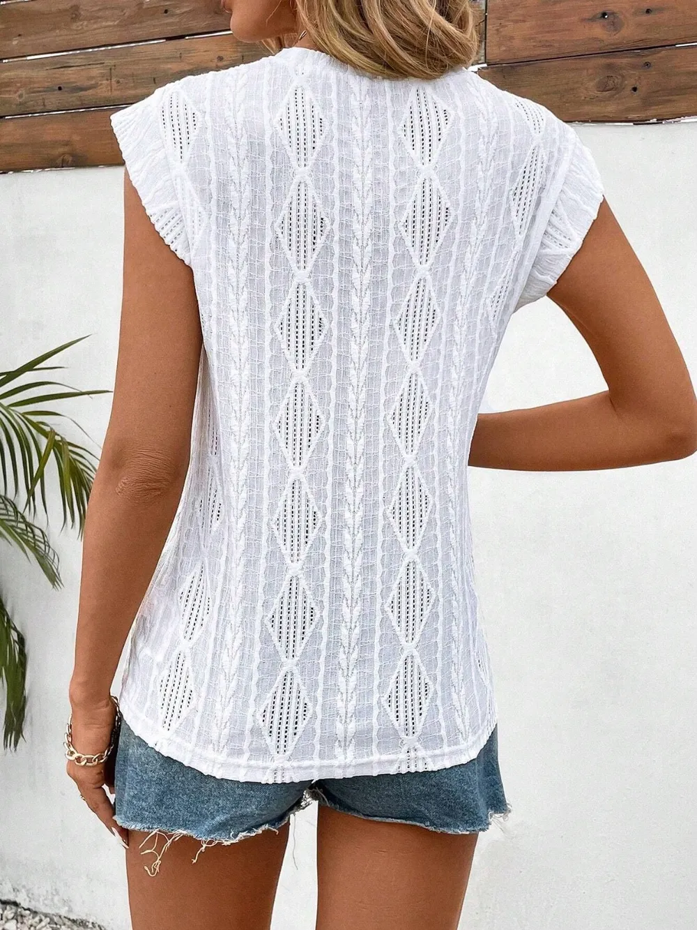 Openwork Round Neck Cap Sleeve Top, image 12