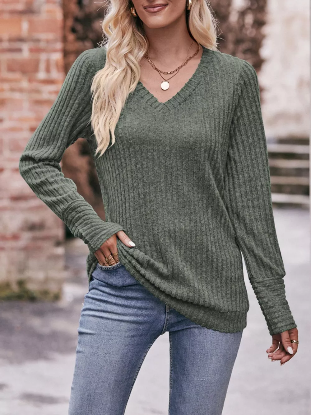 V-Neck Ribbed Knit Long Sleeve T-Shirt, image 6