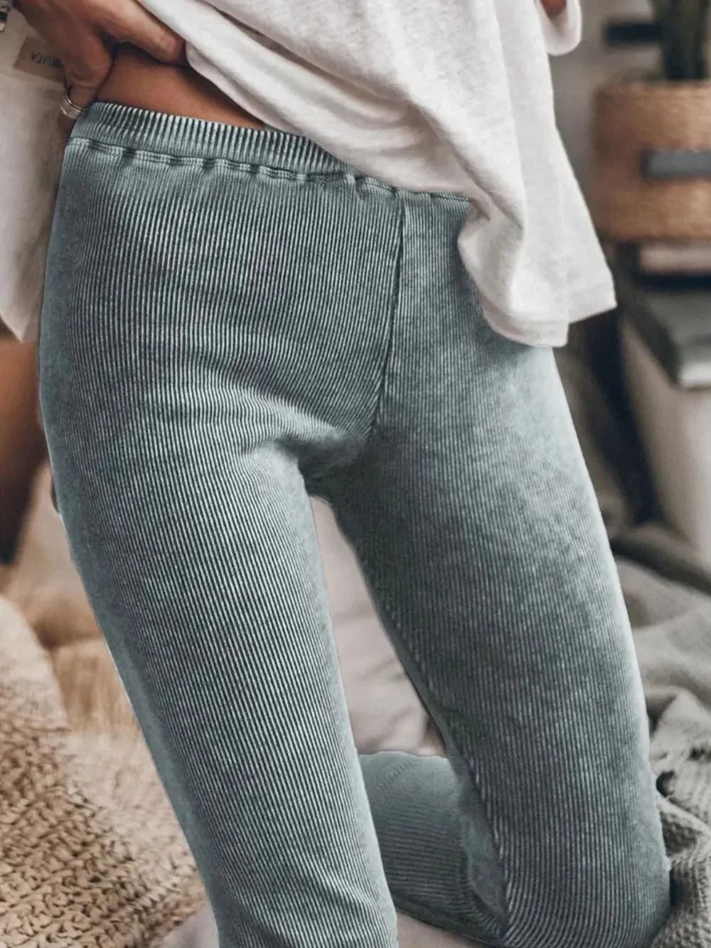 Ribbed Elastic Waist Leggings, image 4