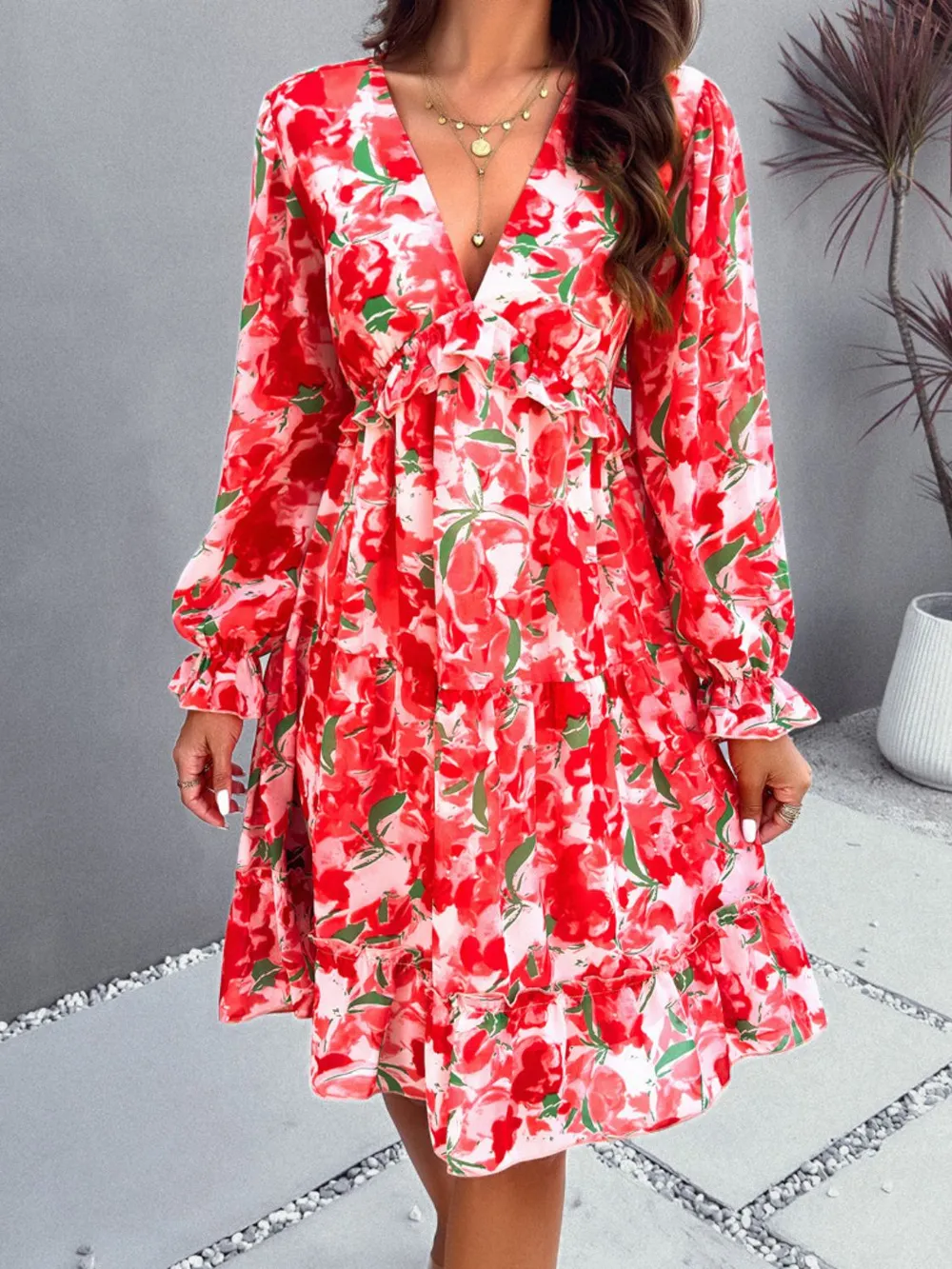 Backless Printed V-Neck Flounce Sleeve Dress, image 10
