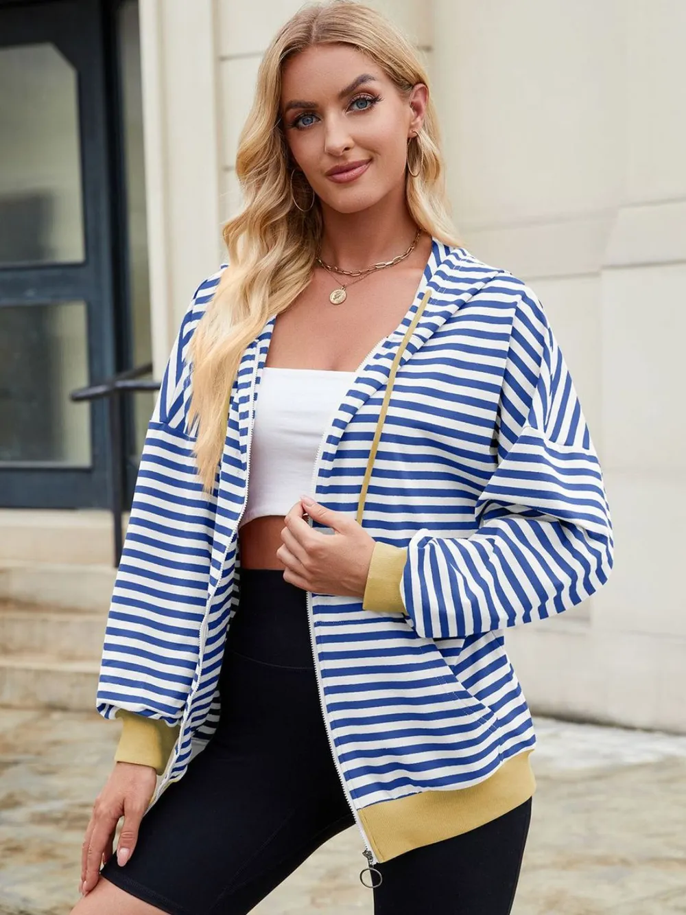 Drawstring Striped Zip Up Long Sleeve Hoodie, image 17