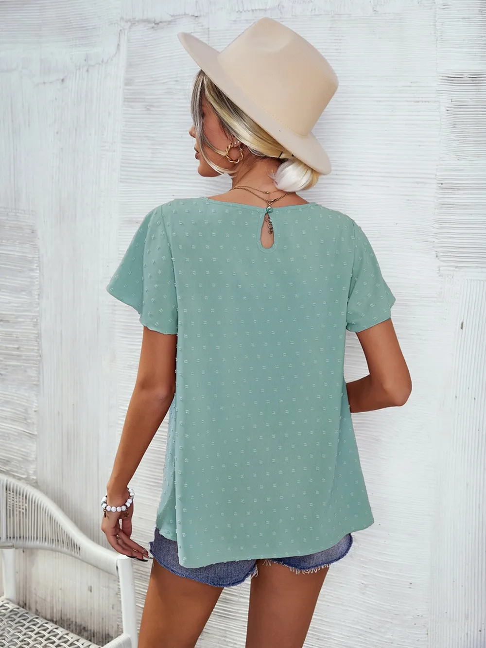 Lace Detail Round Neck Short Sleeve Blouse, image 3