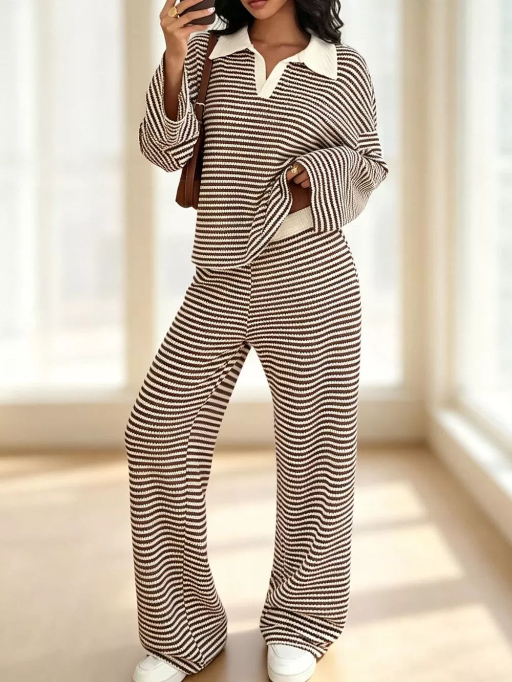 Striped Long Sleeve Polo and Wide-Leg Pants Set, image 19
