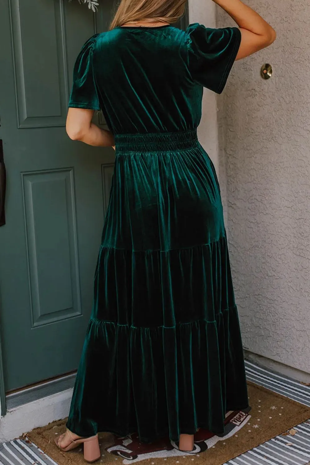 Tiered Notched Short Sleeve Dress with Pockets, image 7