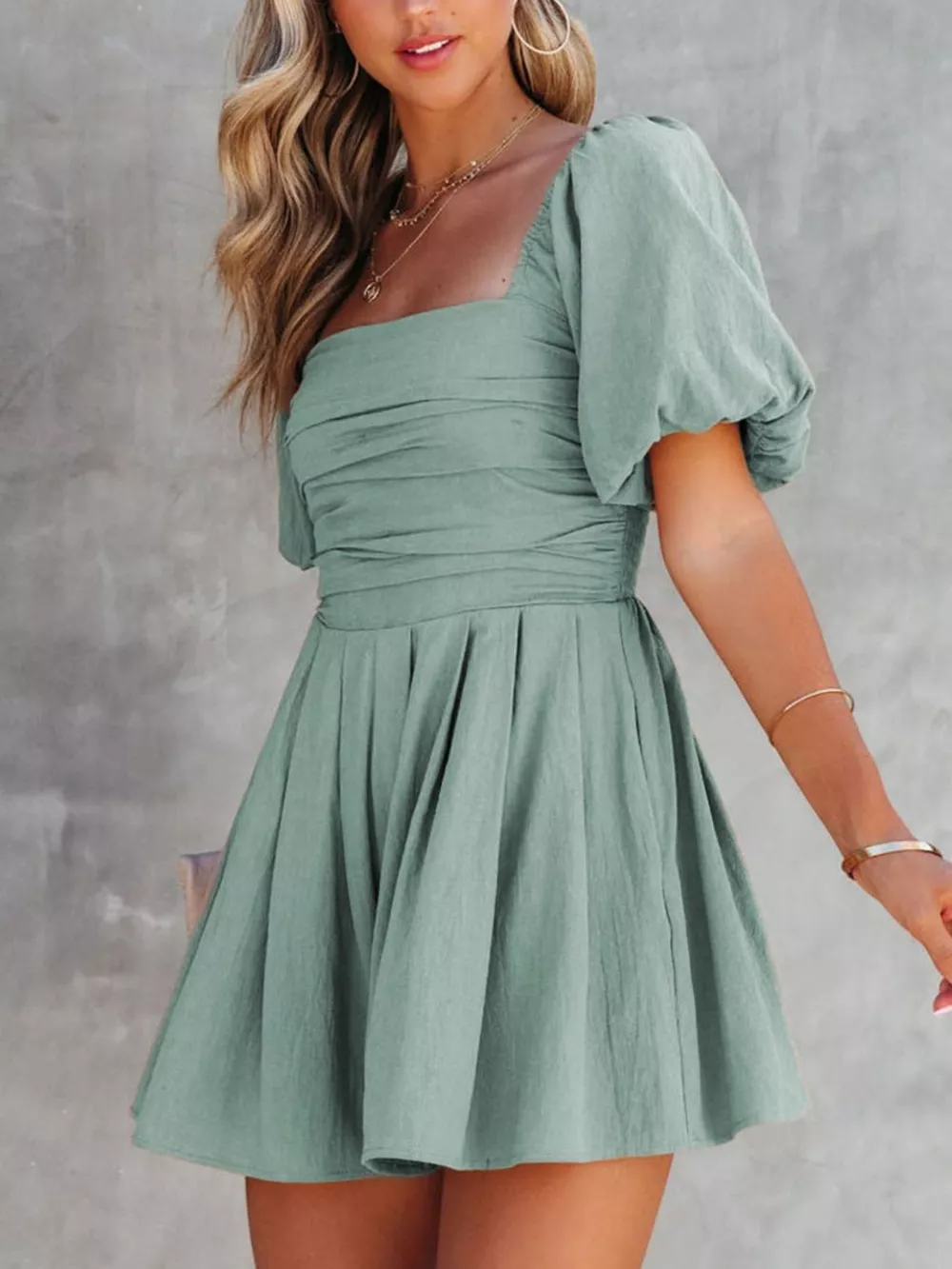 Square Neck Ruched Puff Sleeve Romper, image 4