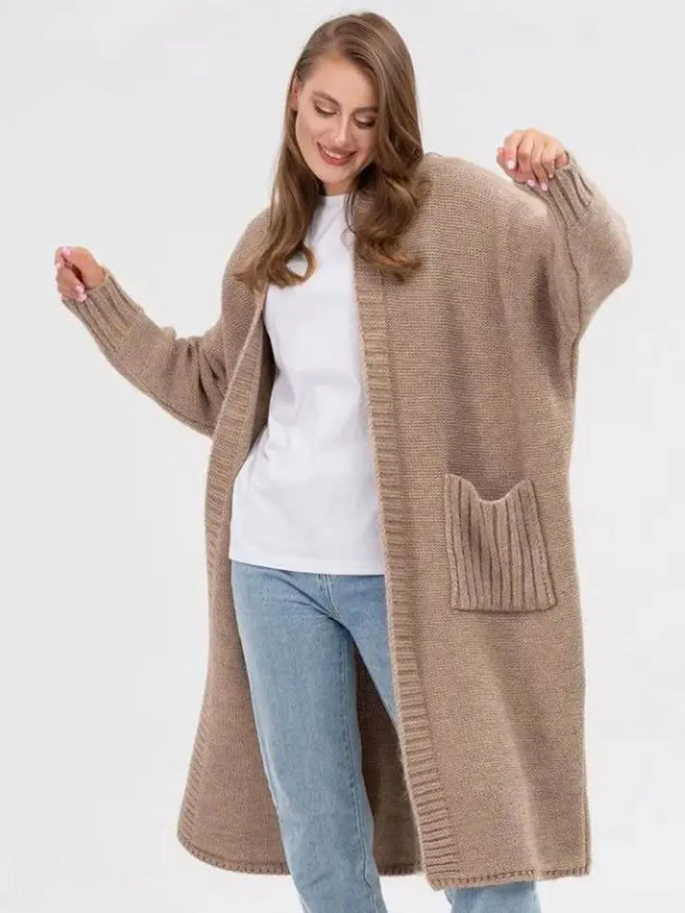 Pocketed Open Front Long Sleeve Longline Cardigan, image 4