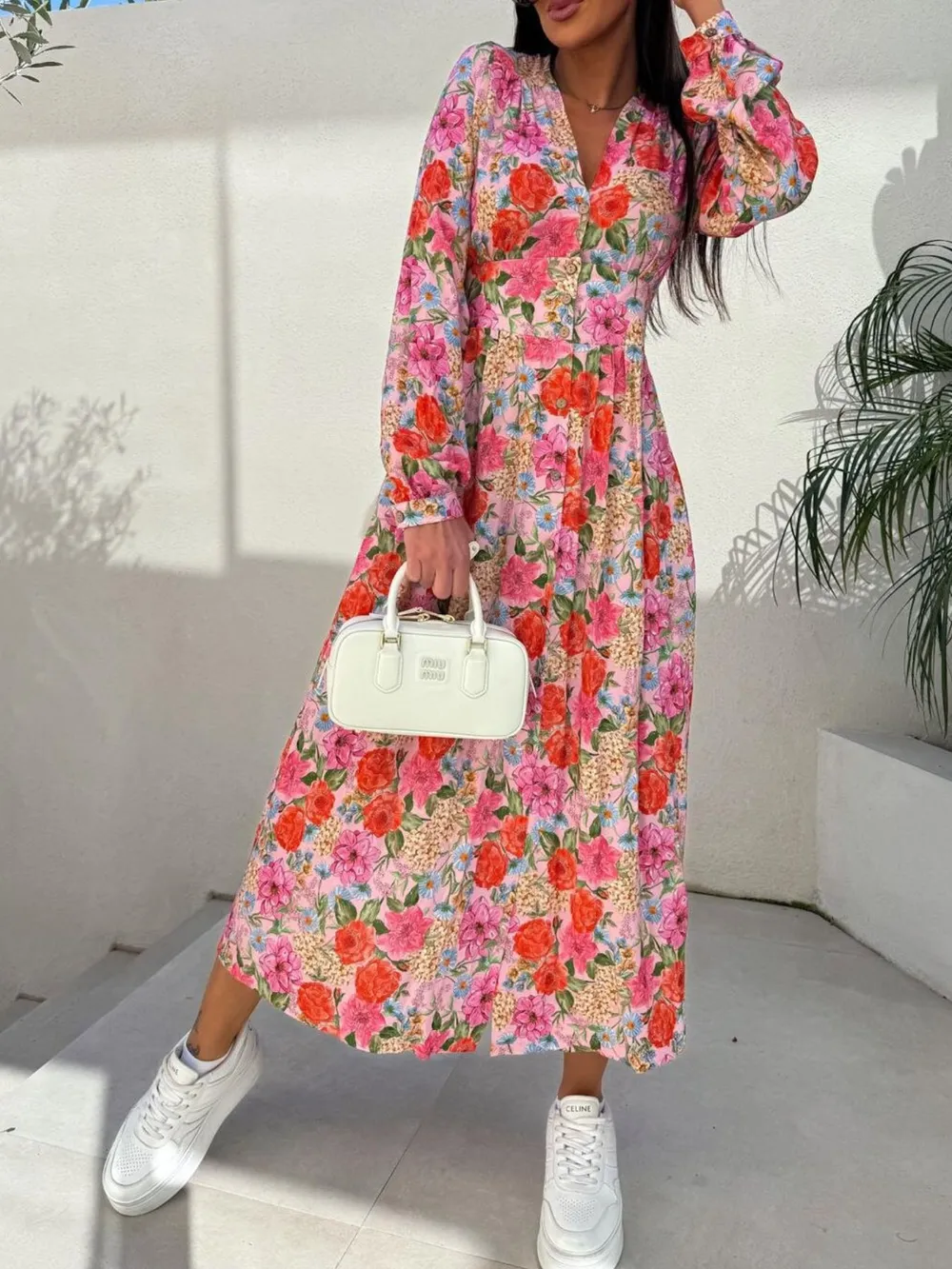 Floral Print Long Sleeve V-Neck Dress, image 3