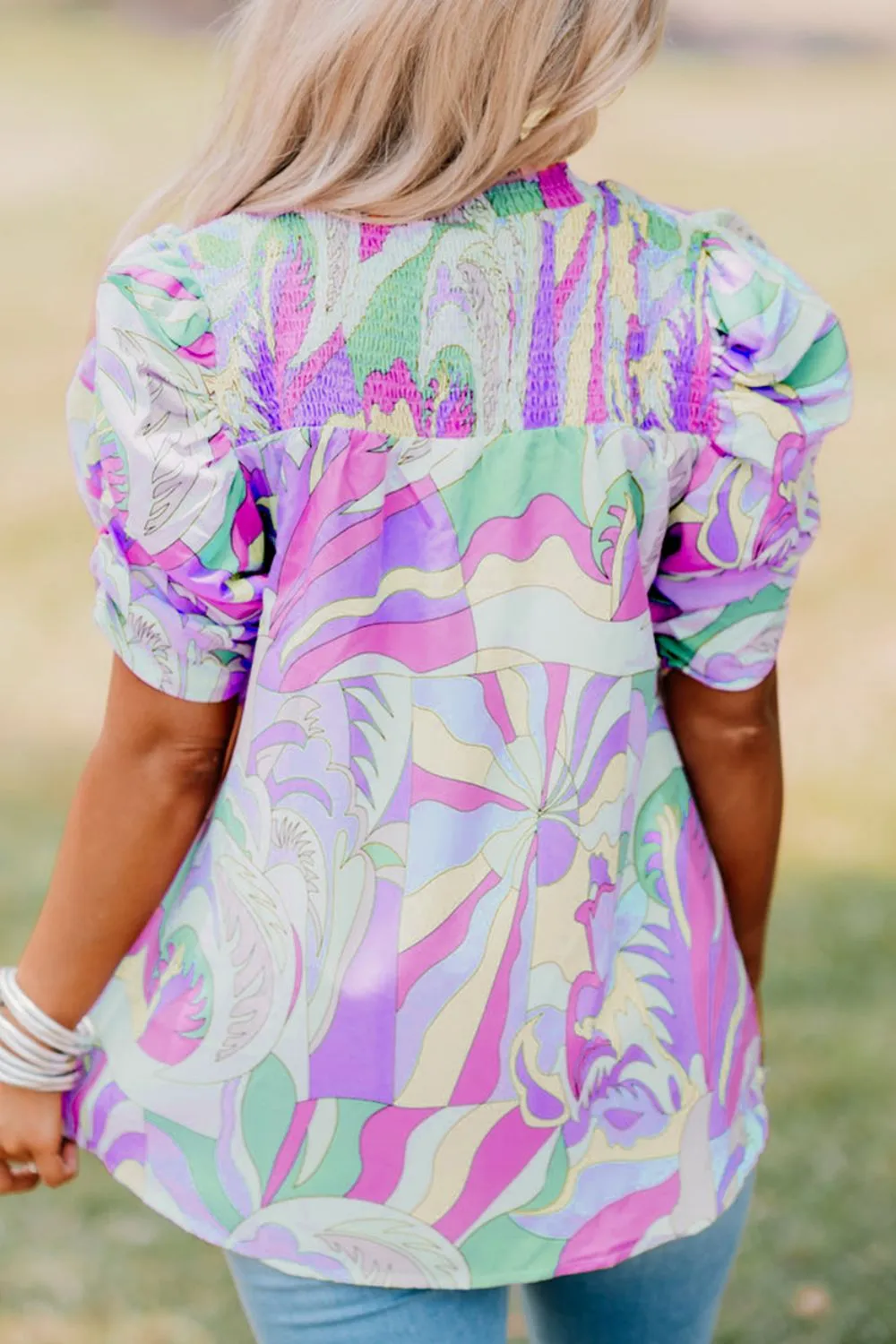 Smocked Round Neck Short Sleeve Blouse, image 2