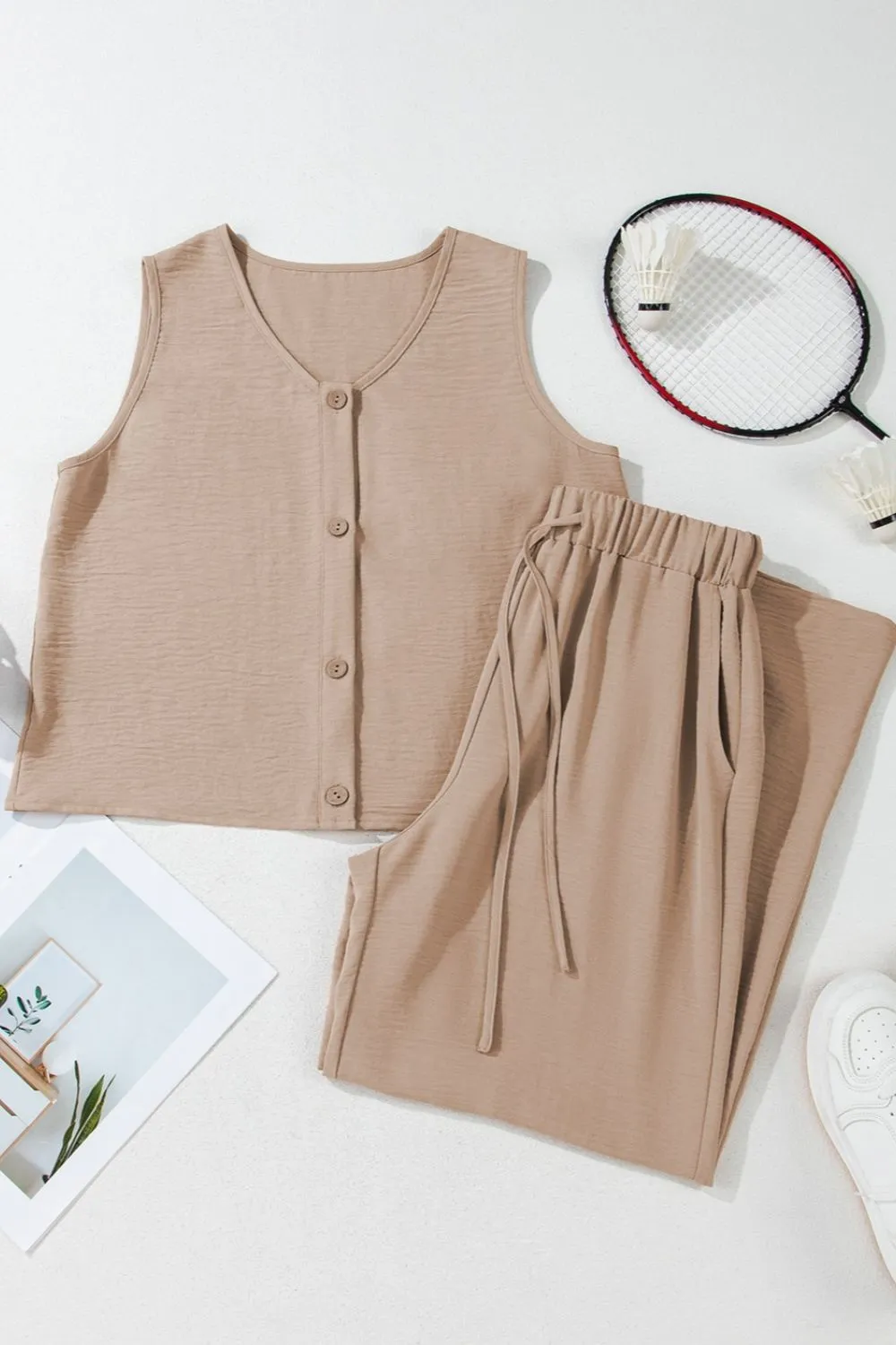 Button Down Vest and Drawstring Wide Leg Pants Set, image 9