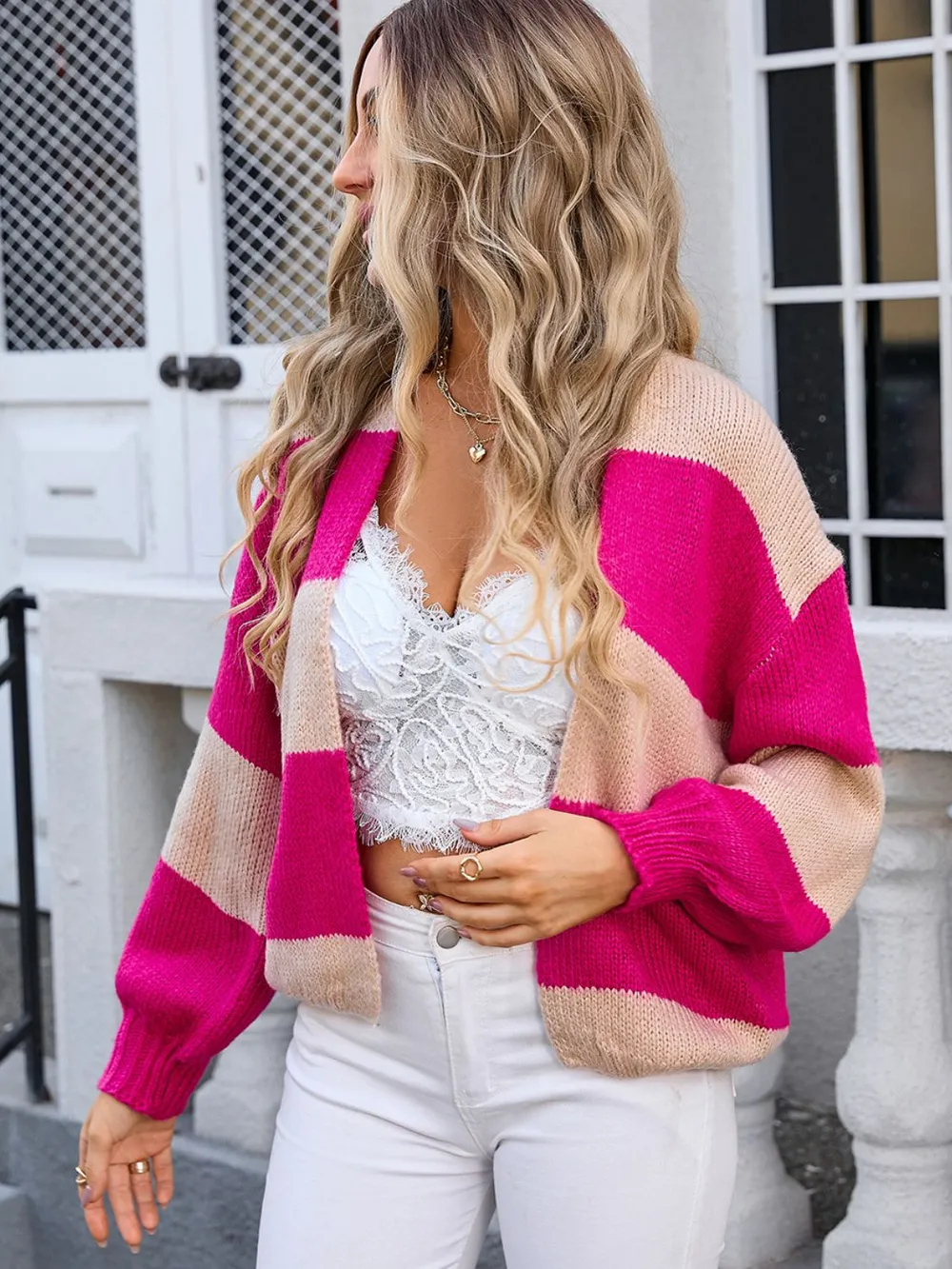 Striped Open Front Dropped Shoulder Cardigan, image 10