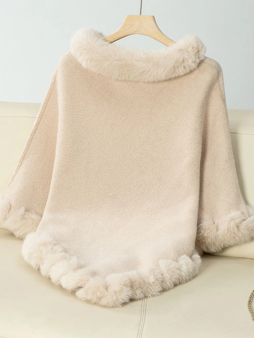 Fuzzy Trim Texture Three-Quarter Sleeve Poncho, image 6