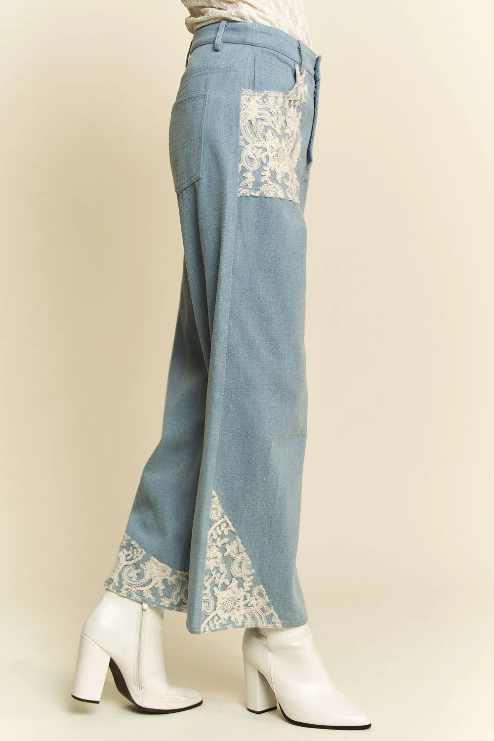 Lace Applique Wide Leg Jeans, image 3