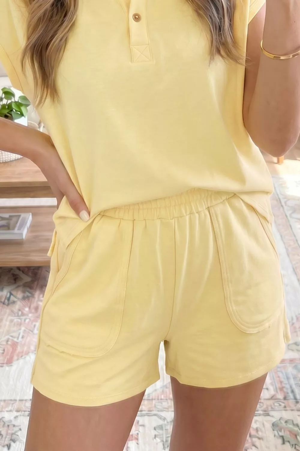 Solid Color Polo Tee Elastic Waist Shorts Lounge Set, image 3