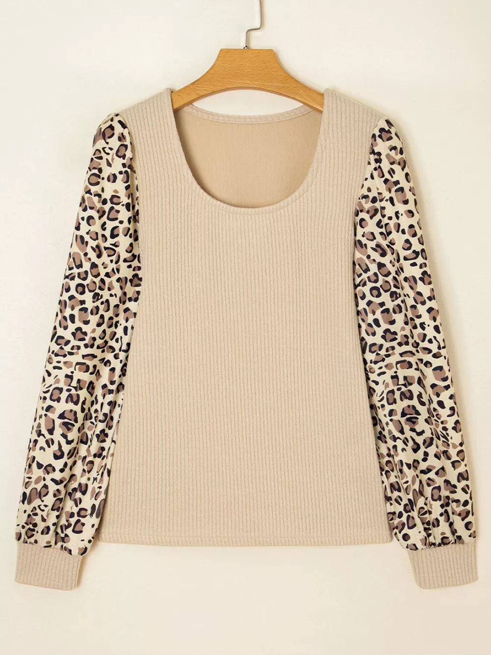 Leopard Sleeve Patchwork Ribbed Knit U Neck Top, image 2