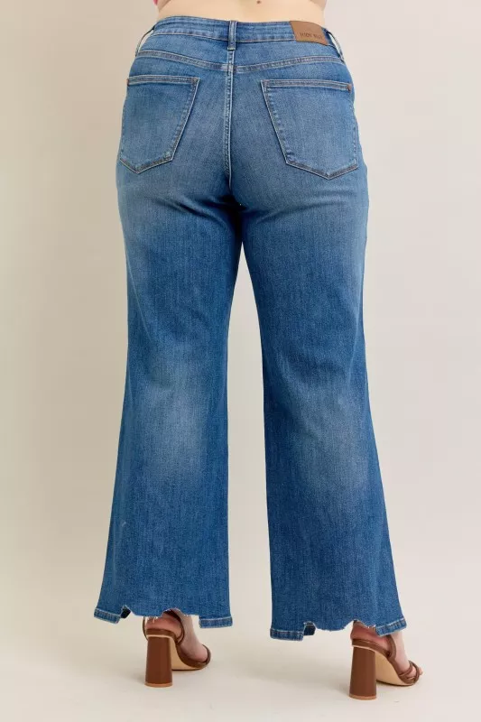 Full Size High Waist Tummy Control Chew Hem Destroy Wide Jeans Plus Size, image 6