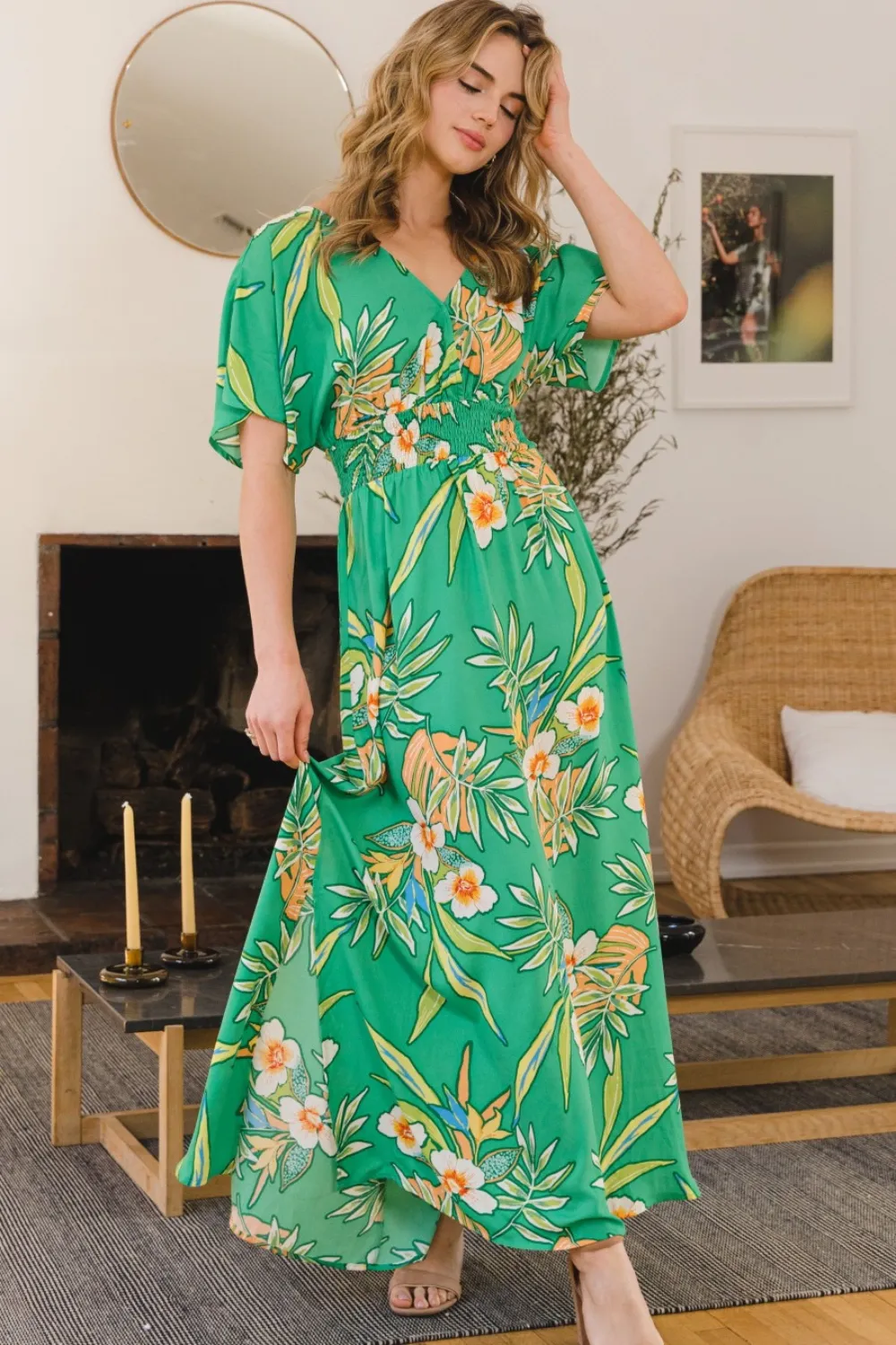 Full Size Floral Smocked Tied Back Maxi Dress, image 3