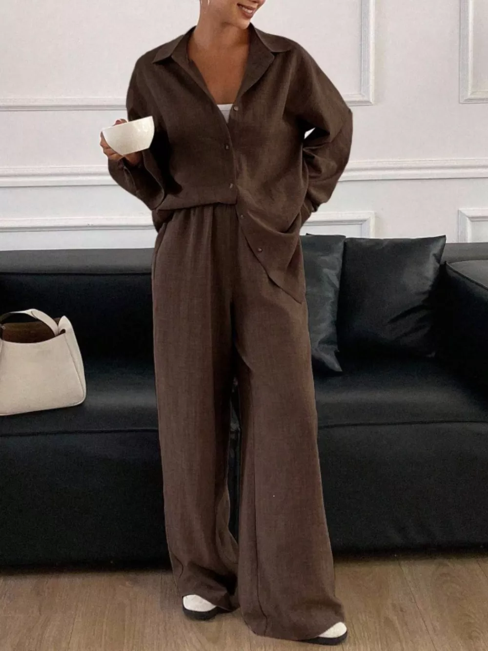 Button Up Long Sleeve Shirt and Wide Leg Pants Set, image 25