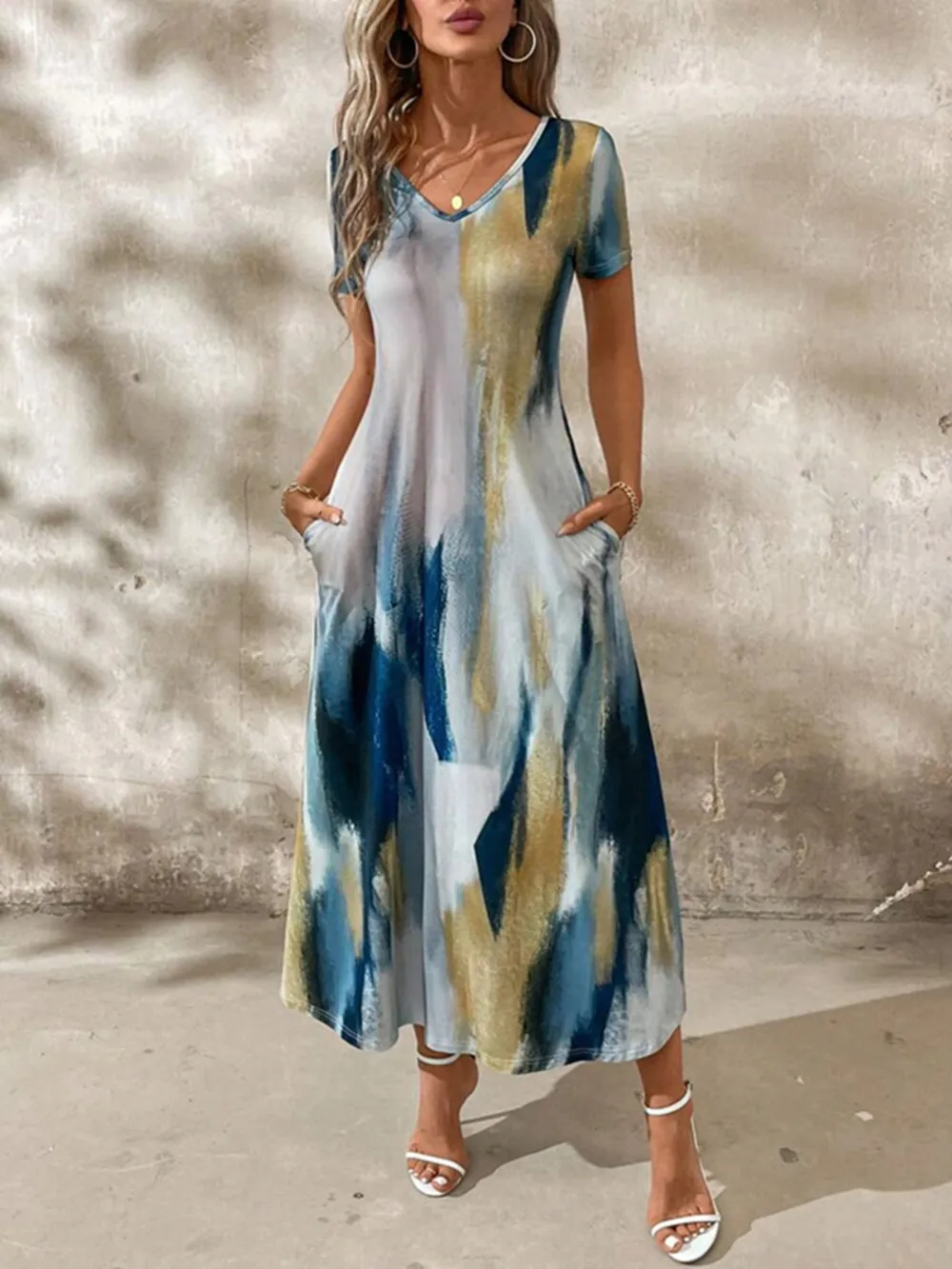 Tie-Dye V-Neck Short Sleeve Midi Tee Dress, image 4