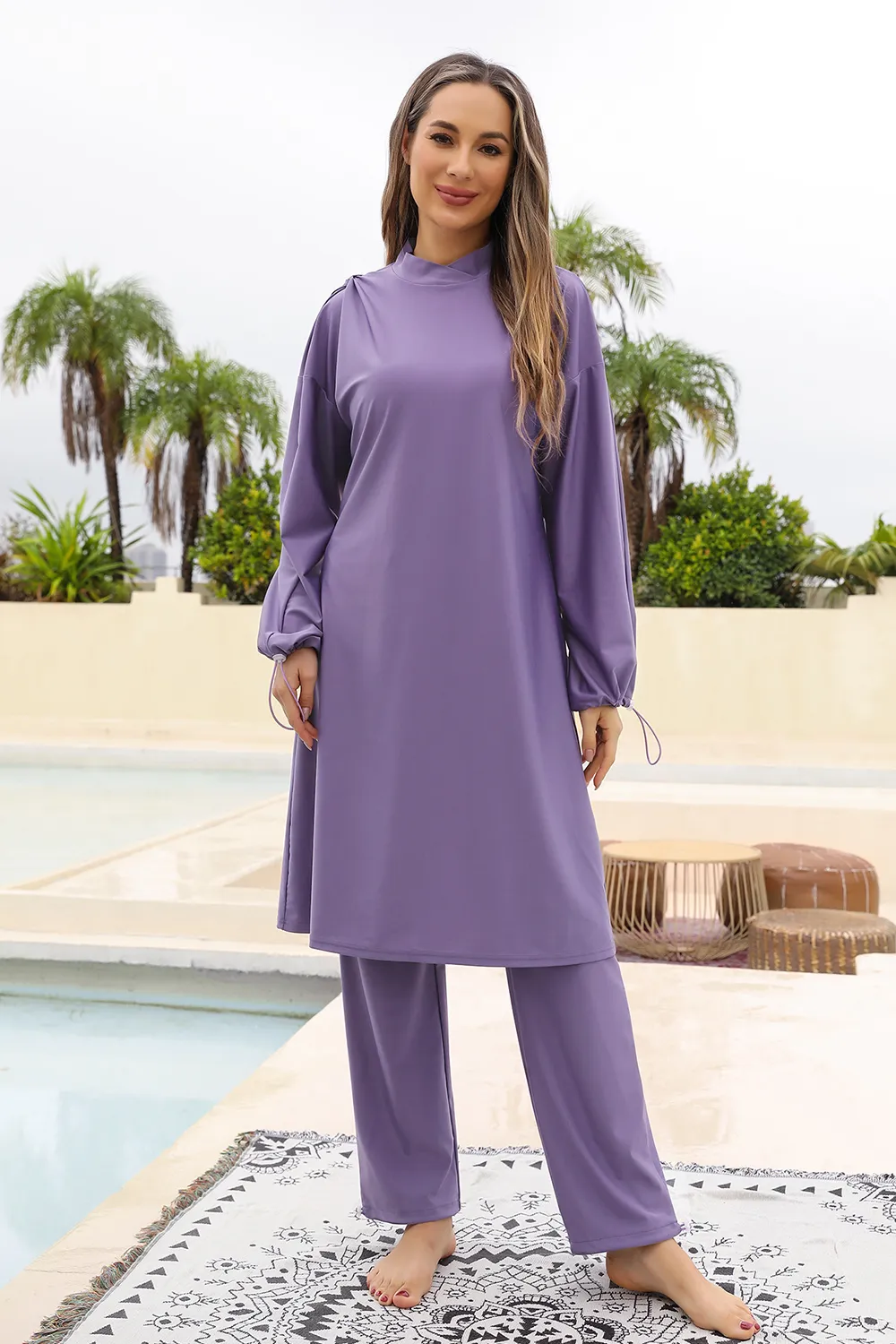 Cap, Drawstring Mock Neck Long Sleeve Top and Pants Swim Set, image 6