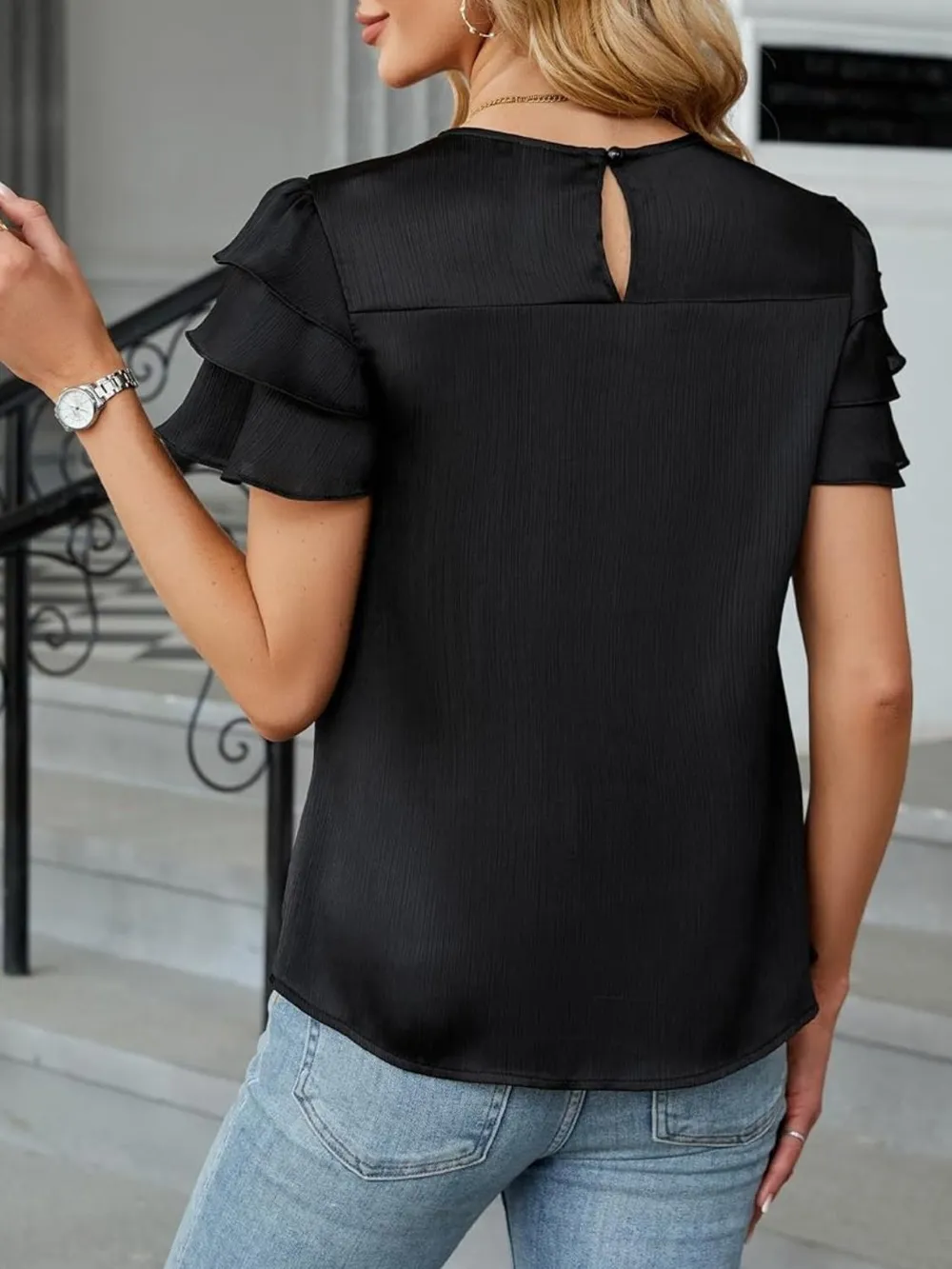 Smocked Round Neck Ruffled Layered Sleeve Blouse, image 20