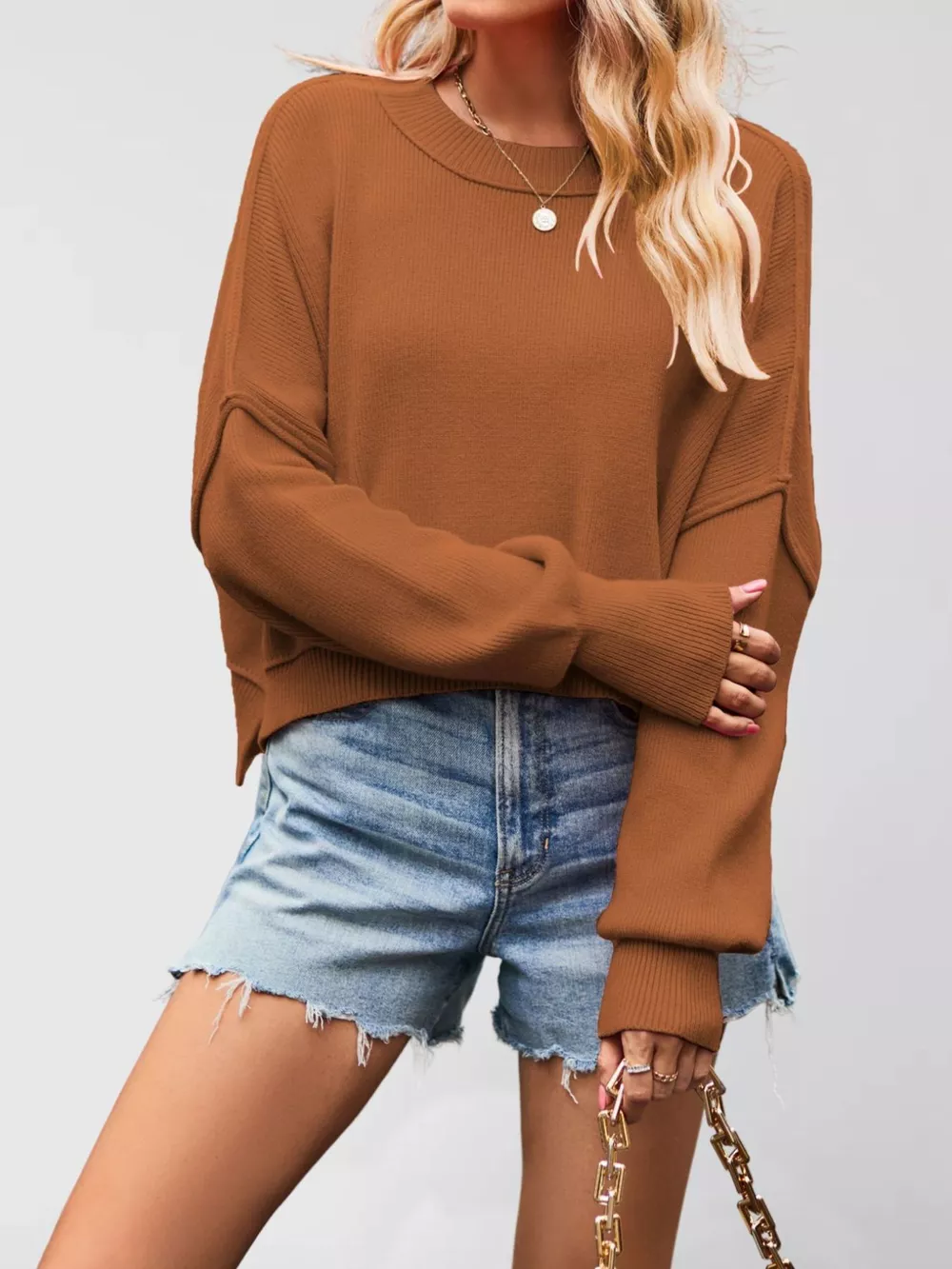 Crew Neck Dropped Shoulder Sweater, image 8