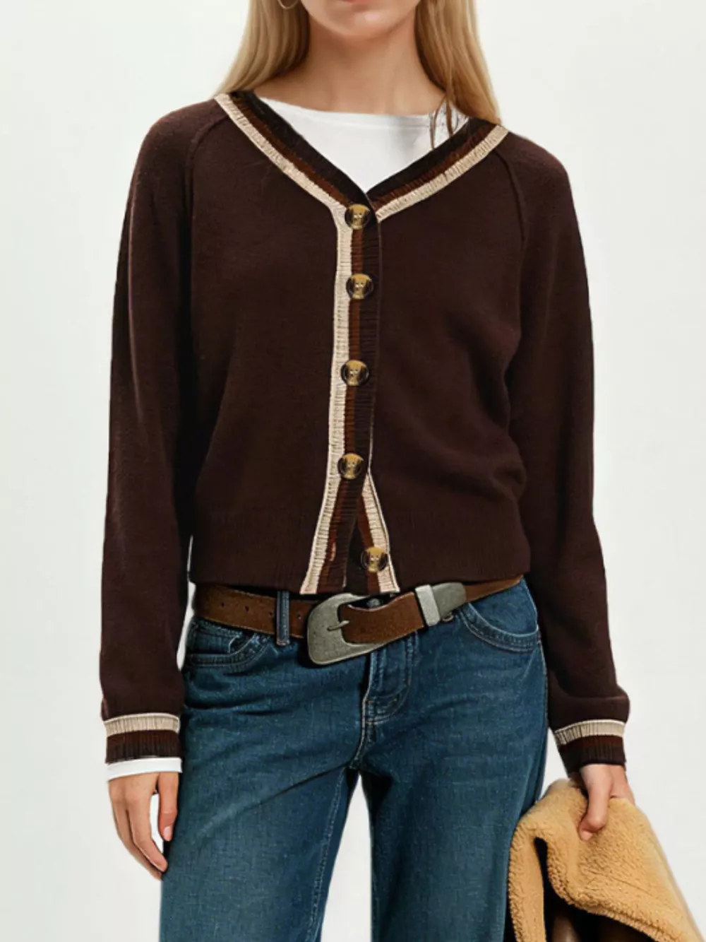 Striped Trim Button-Down Cardigan, image 10