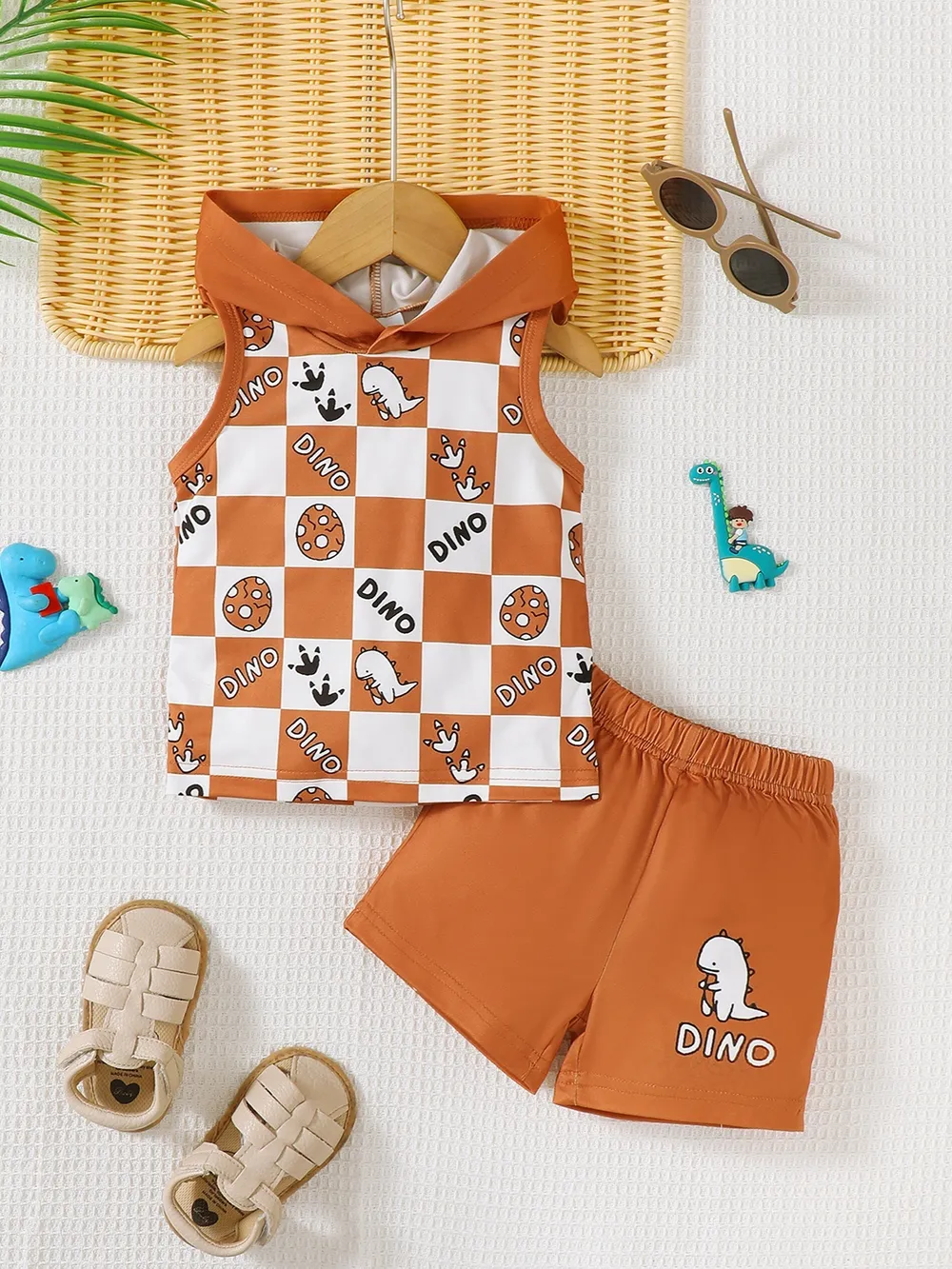 Children's Dinosaur Checkered Sleeveless Hooded Top and Shorts Set, image 2