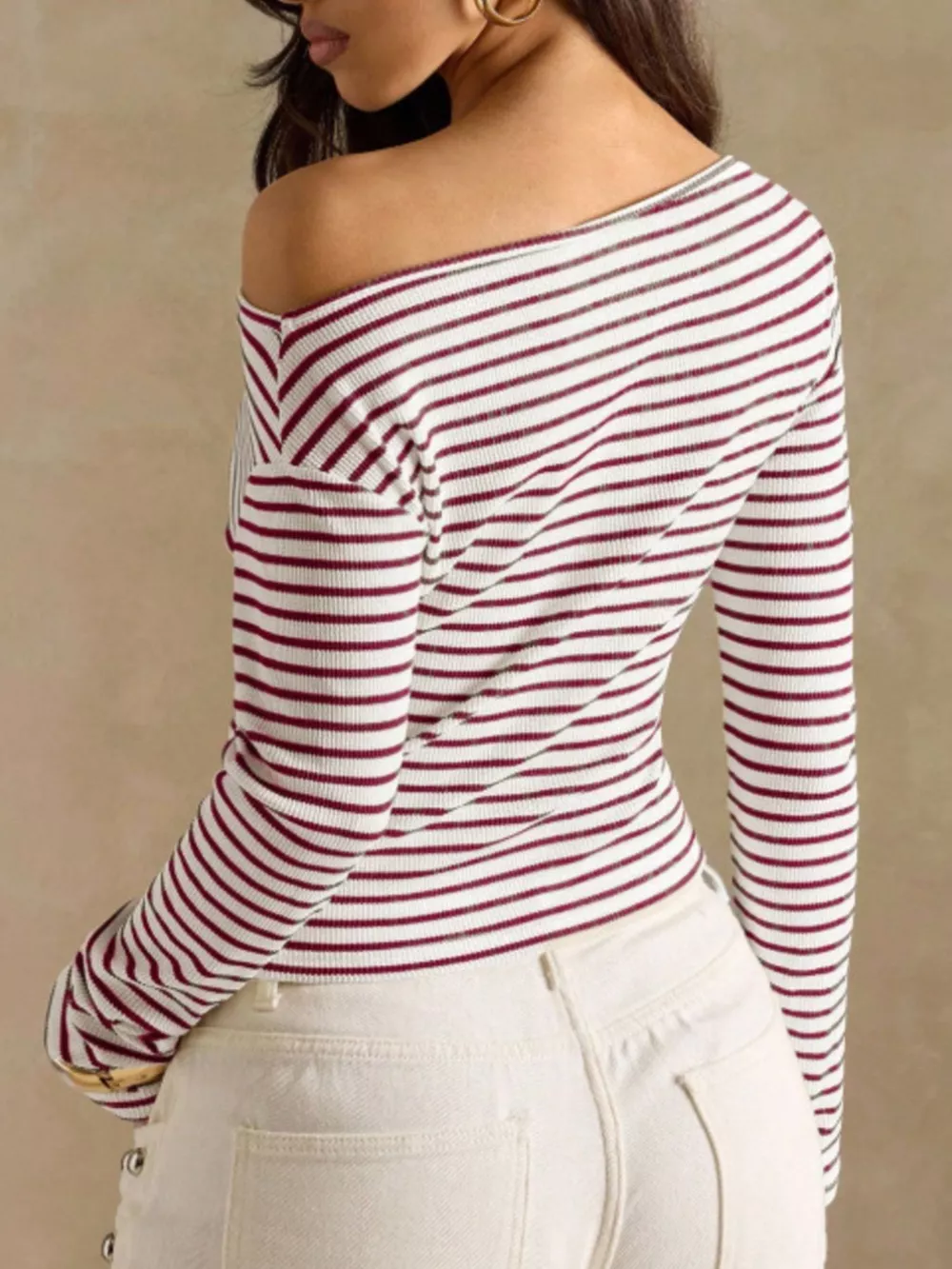 Off-Shoulder Striped Ribbed Long Sleeve T-Shirt, image 4