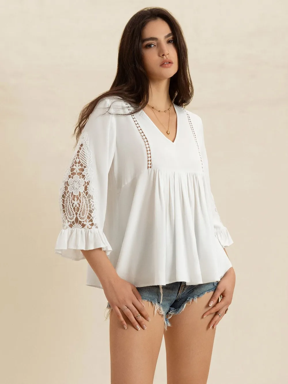 V-Neck Lace Flounce Sleeve Top, image 6