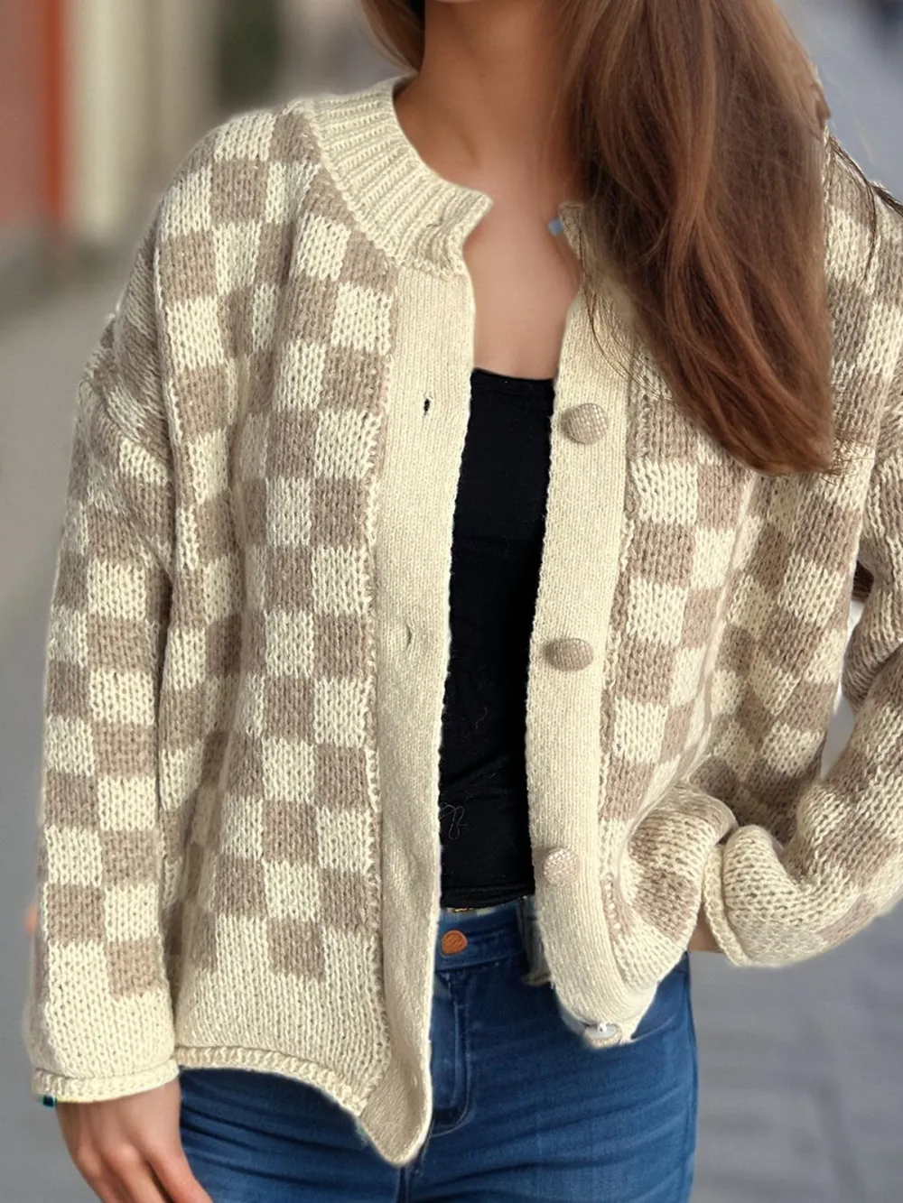 Checkered Button Up Round Neck Cardigan, image 10