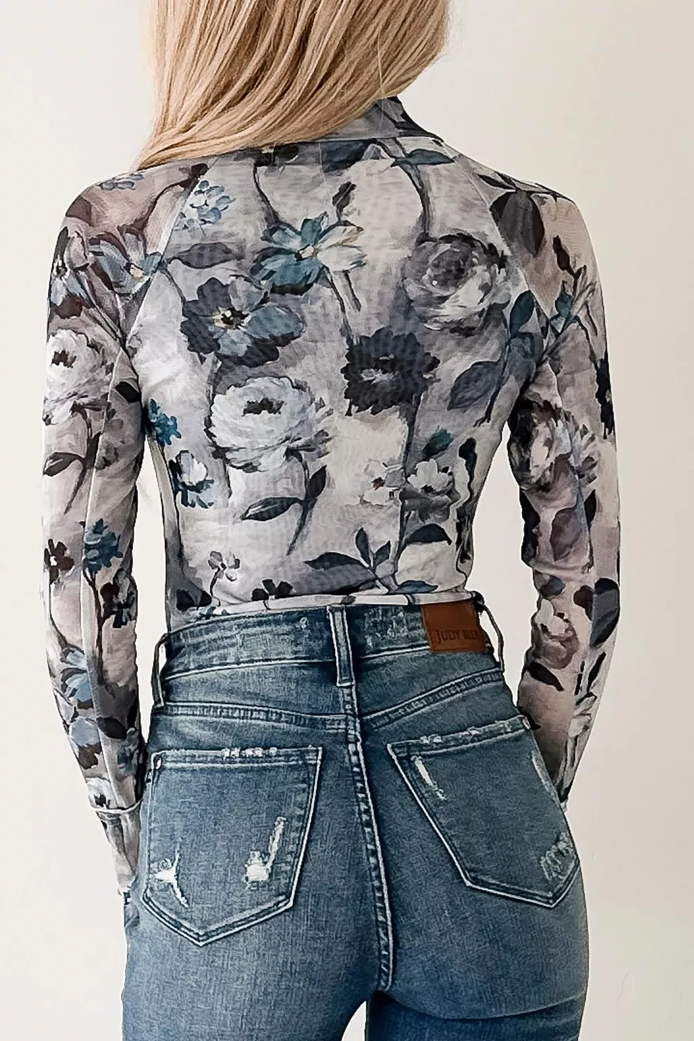 Floral Mesh High Neck Long Sleeve Sheath Top, image 5