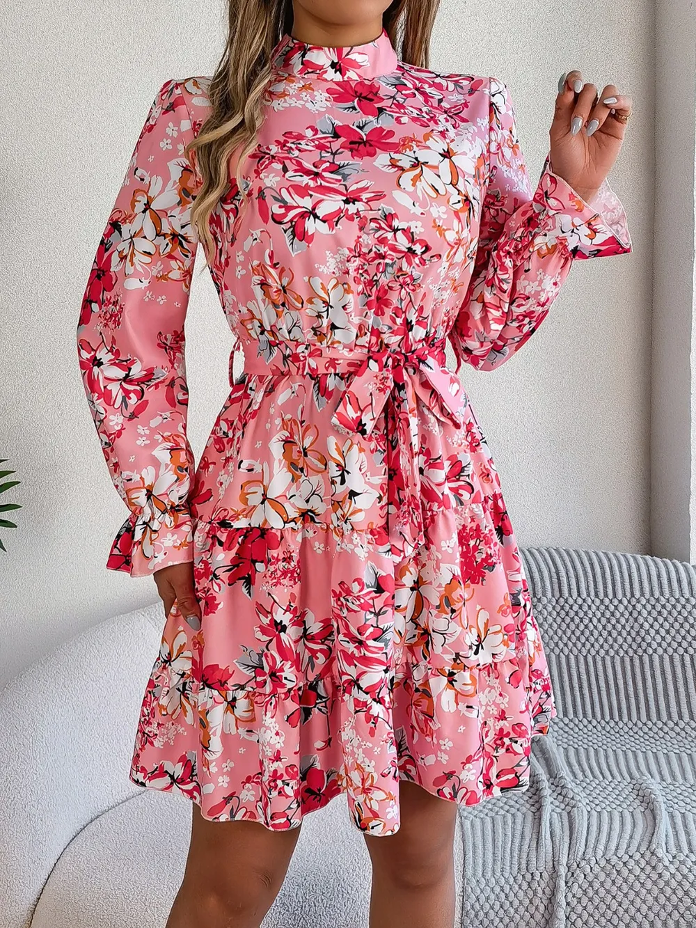 Printed Mock Neck Flounce Sleeve Mini Dress, image 6