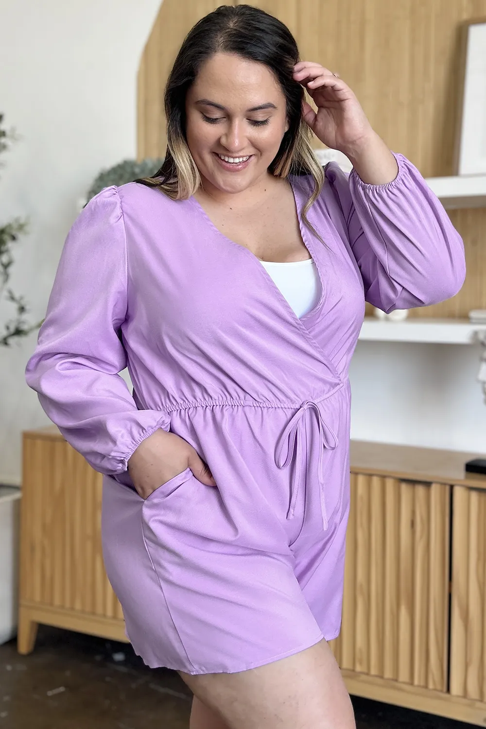 Full Size Drawstring Long Sleeve Romper, image 7