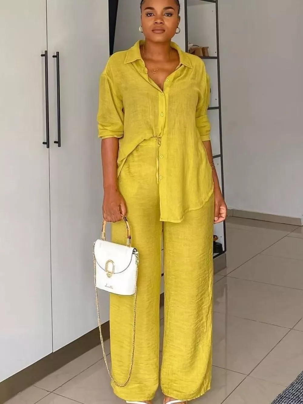 Tie-Front Top and Wide Leg Pants Set, image 4