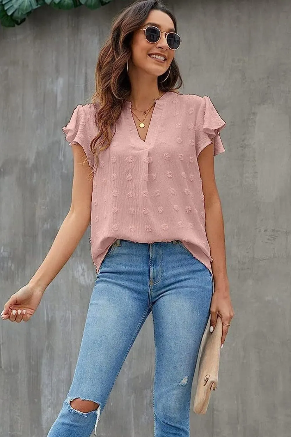 Swiss Dot Notched Cap Sleeve Blouse, image 5