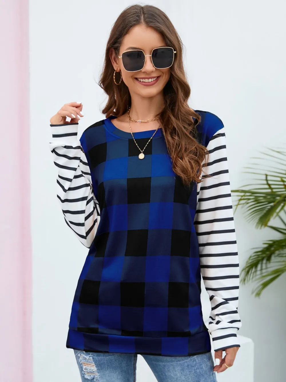 Plaid Striped Round Neck Long Sleeve T-Shirt, image 15