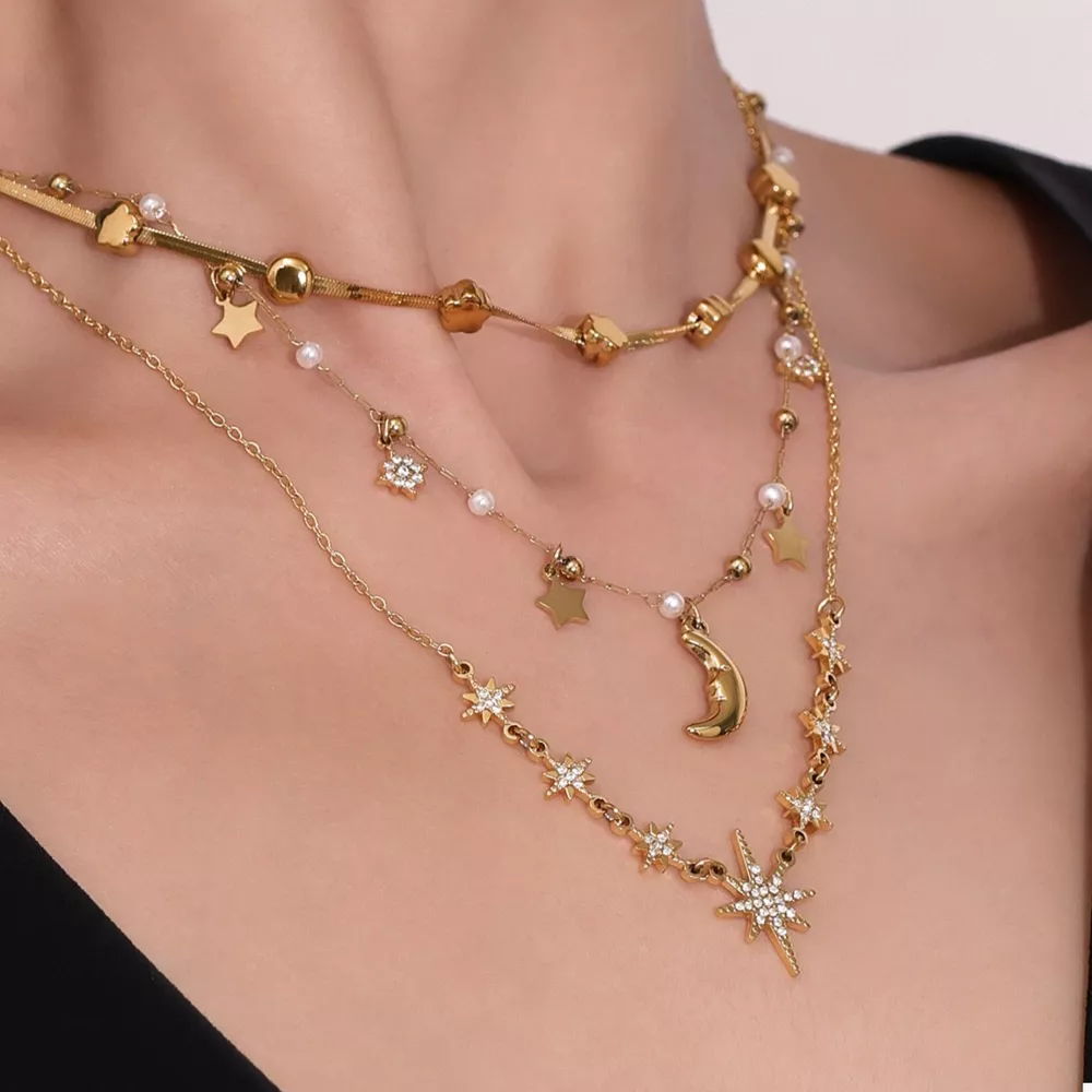 18K Gold-Plated Stainless Steel Zircon Star Moon Necklace, image 3