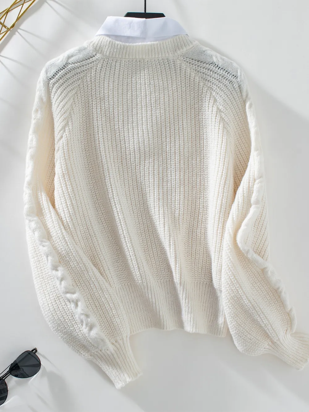 Cable-Knit Collared Neck Faux Layered Sweater, image 7