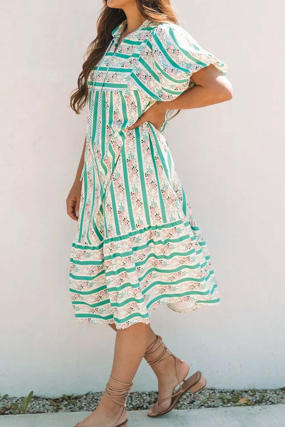 Striped Floral Print Tie Neck Puff Sleeve Midi Dress, image 8